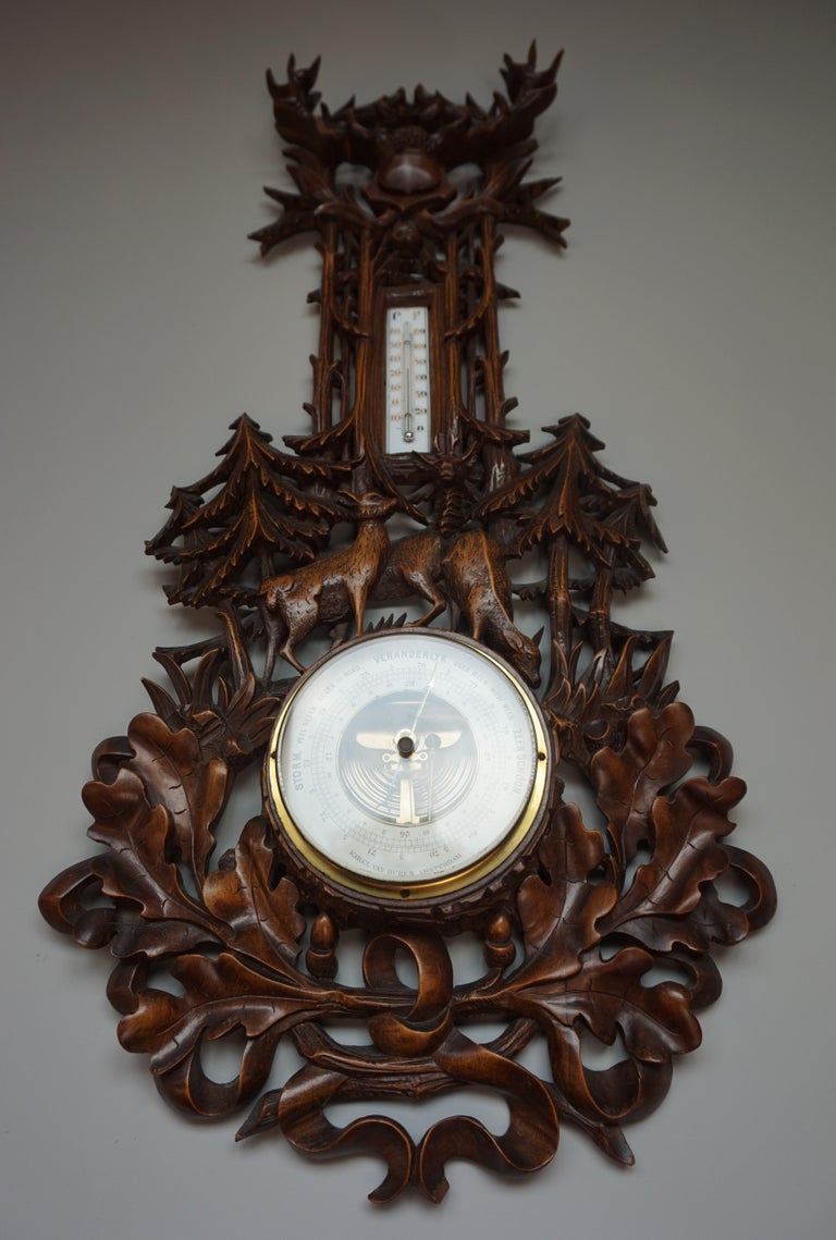 Large and Hand Carved Black Forest Barometer and Thermometer with Deer