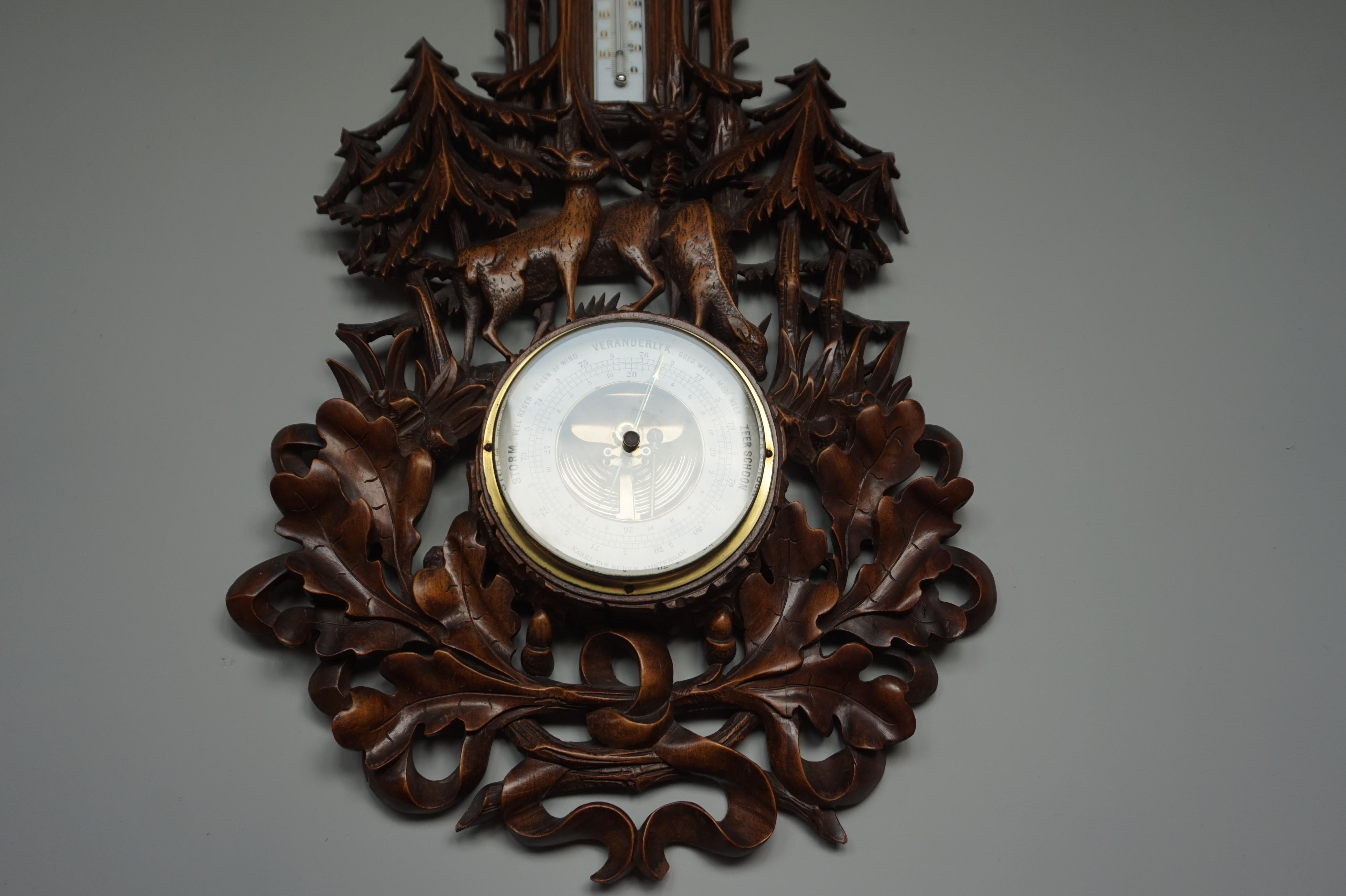 Beveled Large and Hand Carved Black Forest Barometer & Thermometer with Deer Sculptures