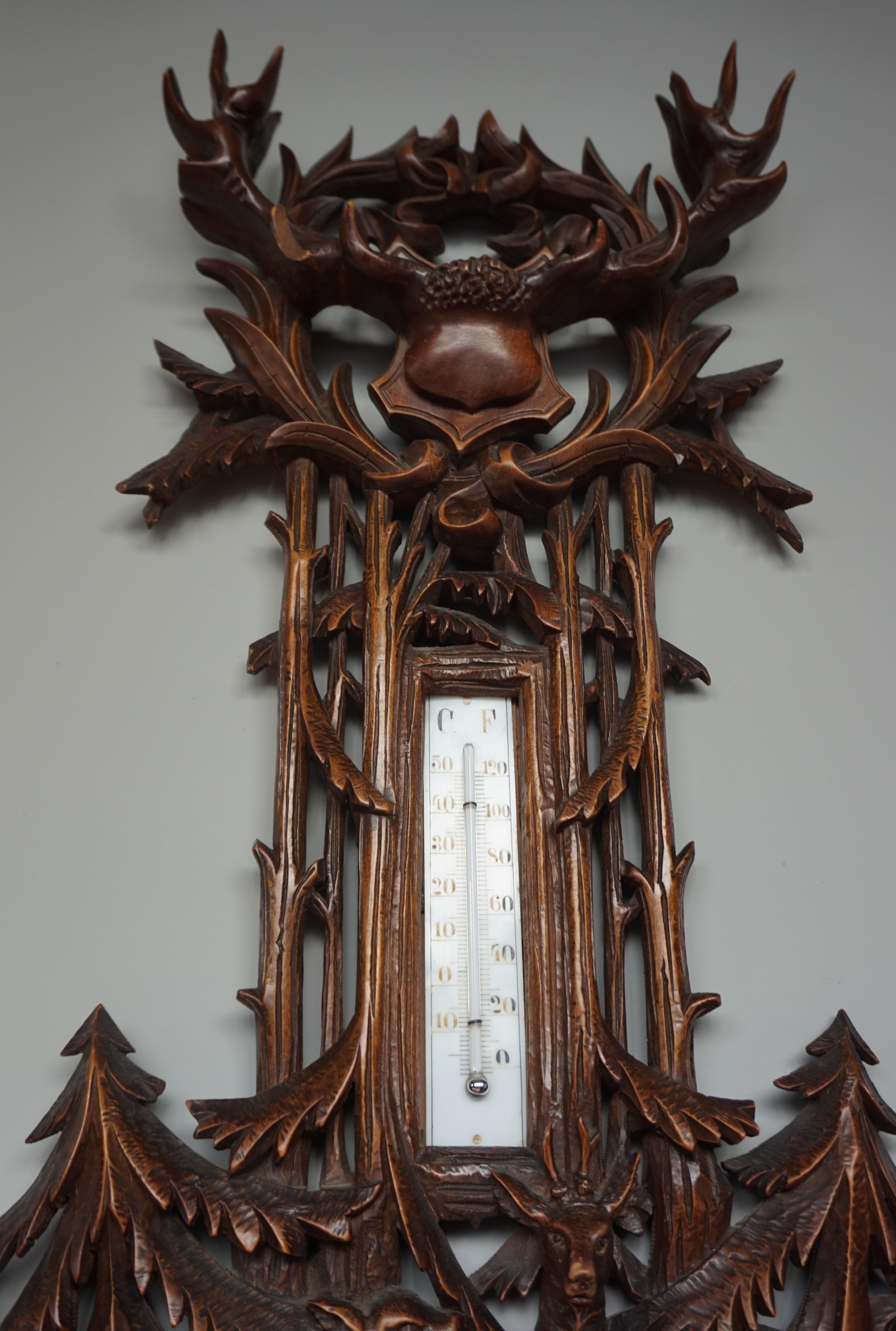 Large and Hand Carved Black Forest Barometer & Thermometer with Deer Sculptures In Good Condition In Lisse, NL