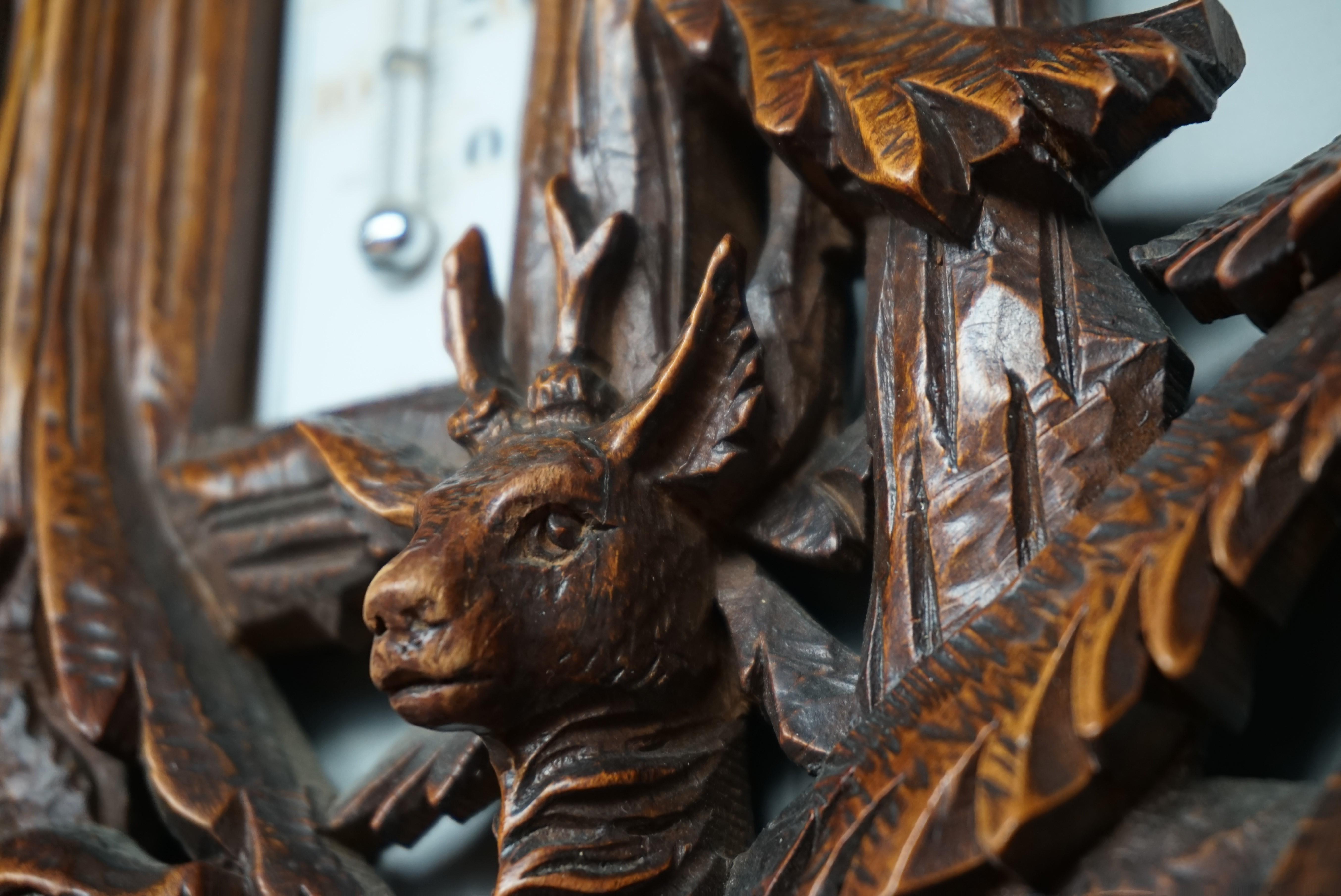 20th Century Large and Hand Carved Black Forest Barometer & Thermometer with Deer Sculptures