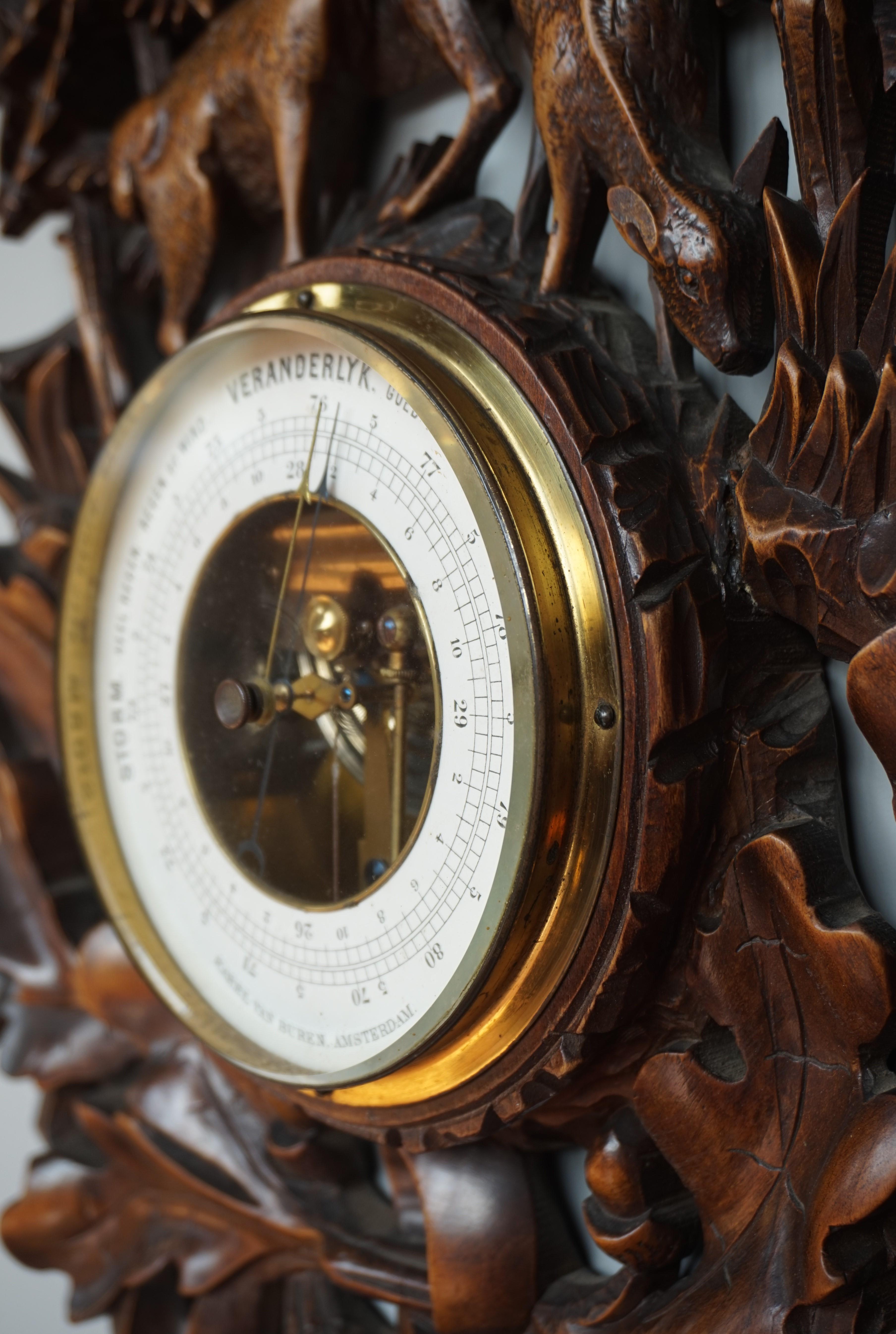 Large and Hand Carved Black Forest Barometer & Thermometer with Deer Sculptures 1