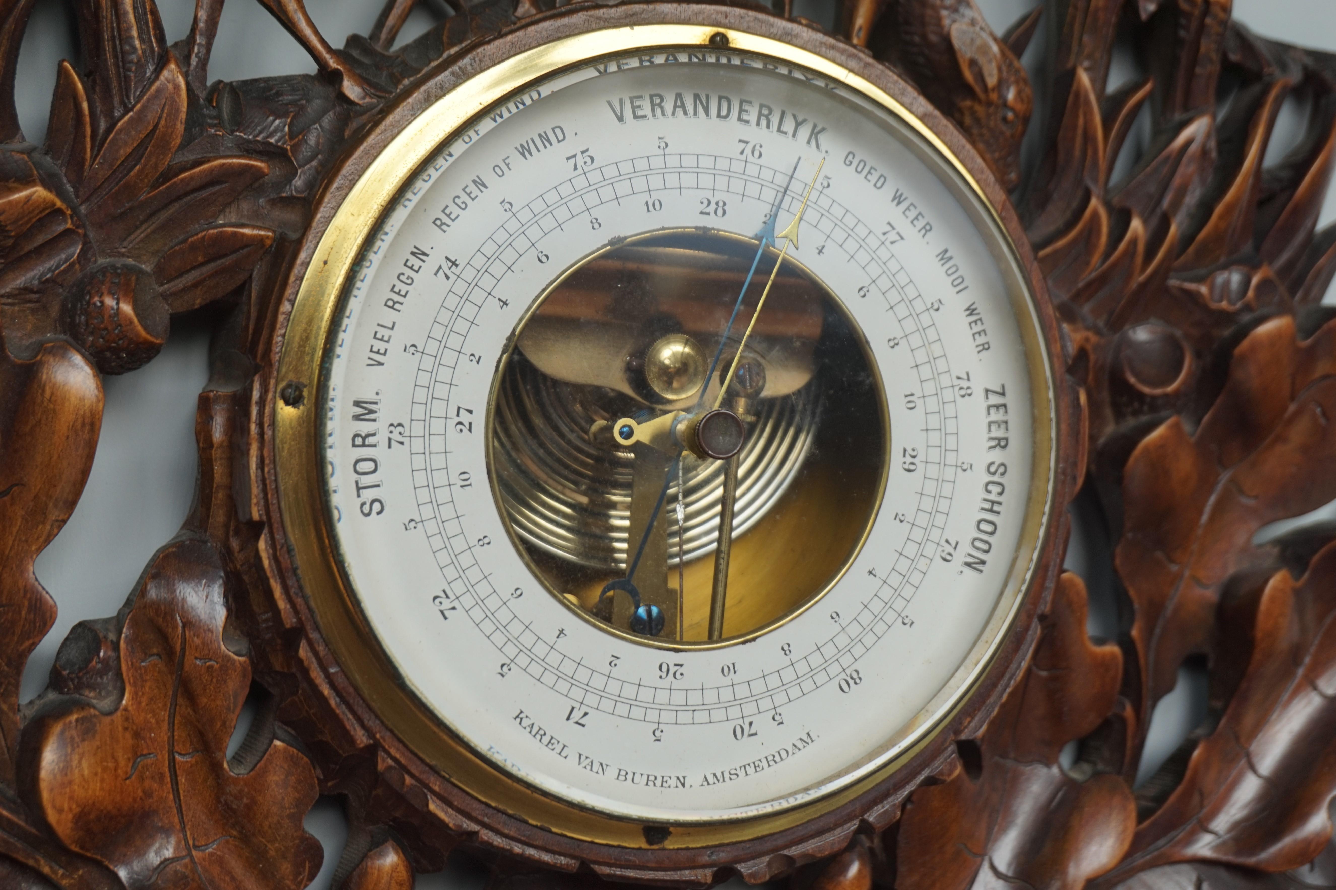 Large and Hand Carved Black Forest Barometer & Thermometer with Deer Sculptures 2