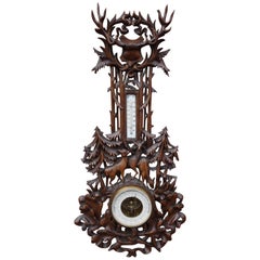 Antique Large and Hand Carved Black Forest Barometer & Thermometer with Deer Sculptures