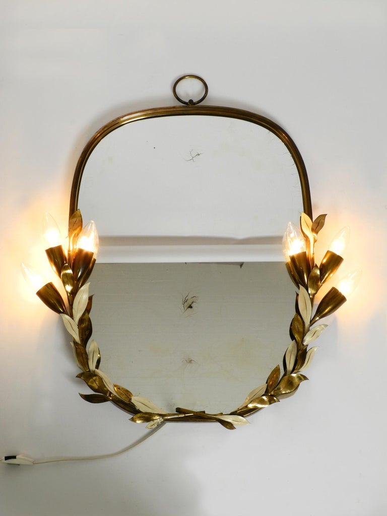 Large and Heavy Floral Brass Mirror with Lamps by Vereinigte Werkstätten  For Sale at 1stDibs
