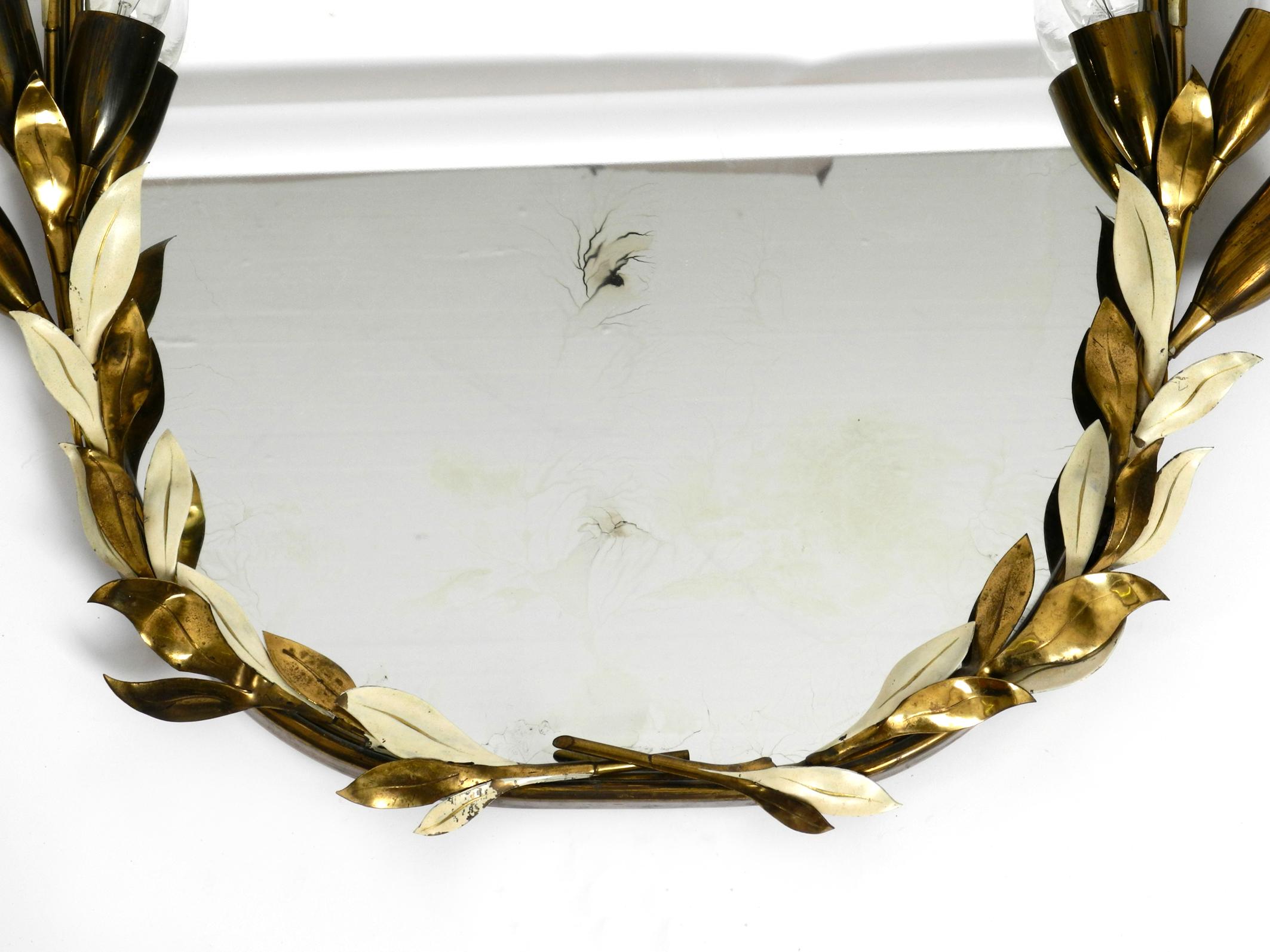 Mid-20th Century Large and Heavy Floral Brass Mirror with Lamps by Vereinigte Werkstätten For Sale