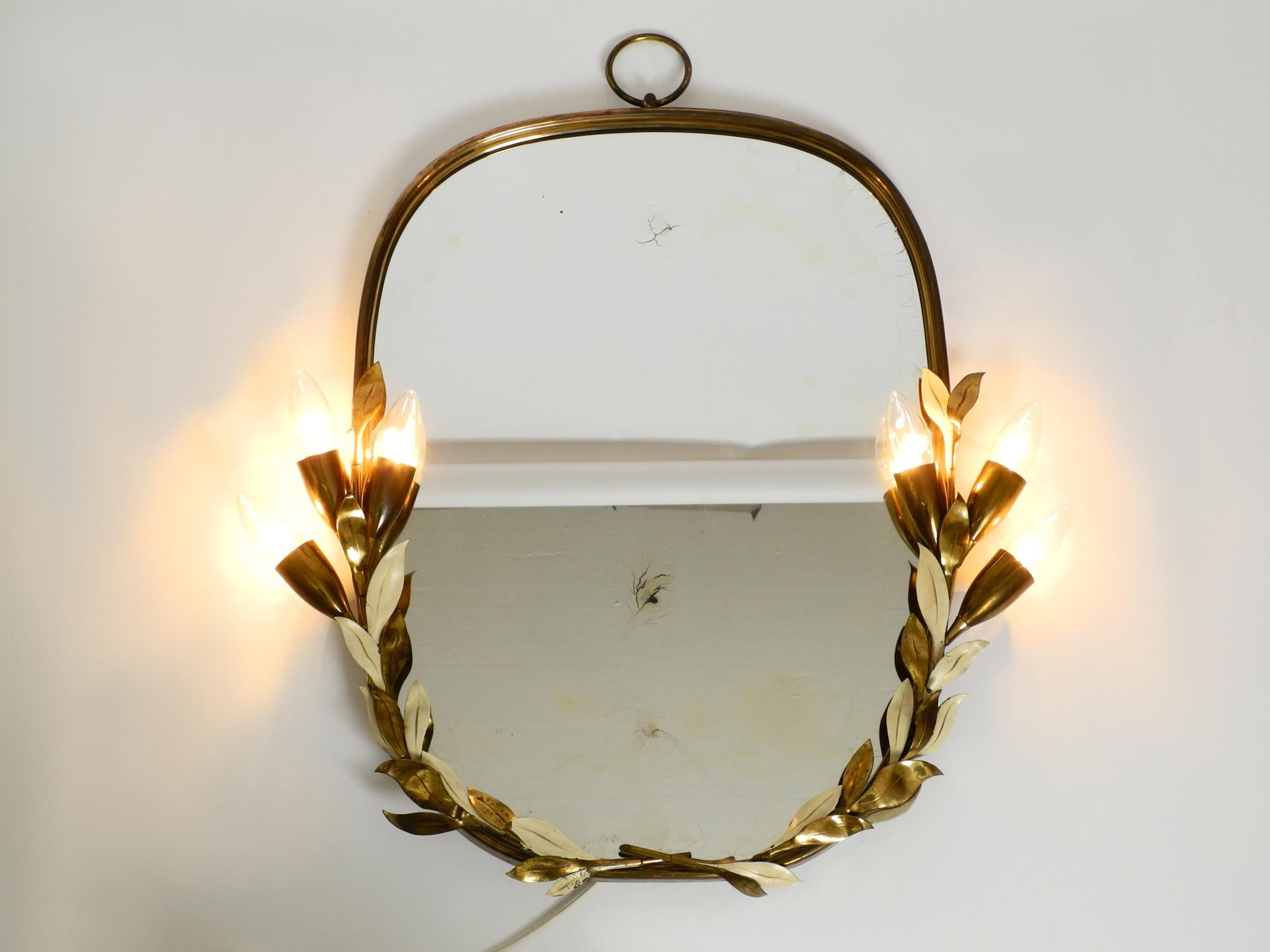 Large and Heavy Floral Brass Mirror with Lamps by Vereinigte Werkstätten For Sale 1