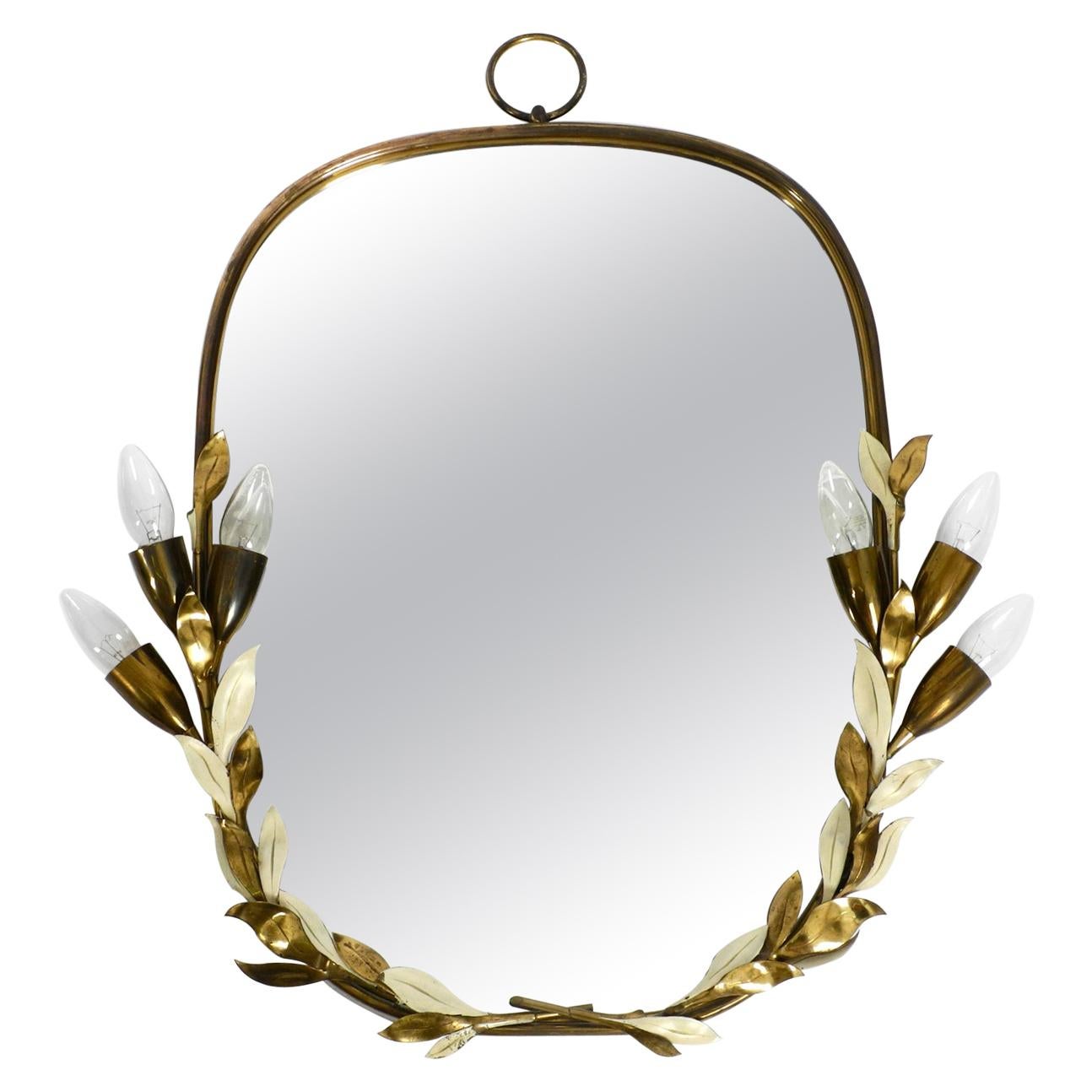 Large and Heavy Floral Brass Mirror with Lamps by Vereinigte Werkstätten