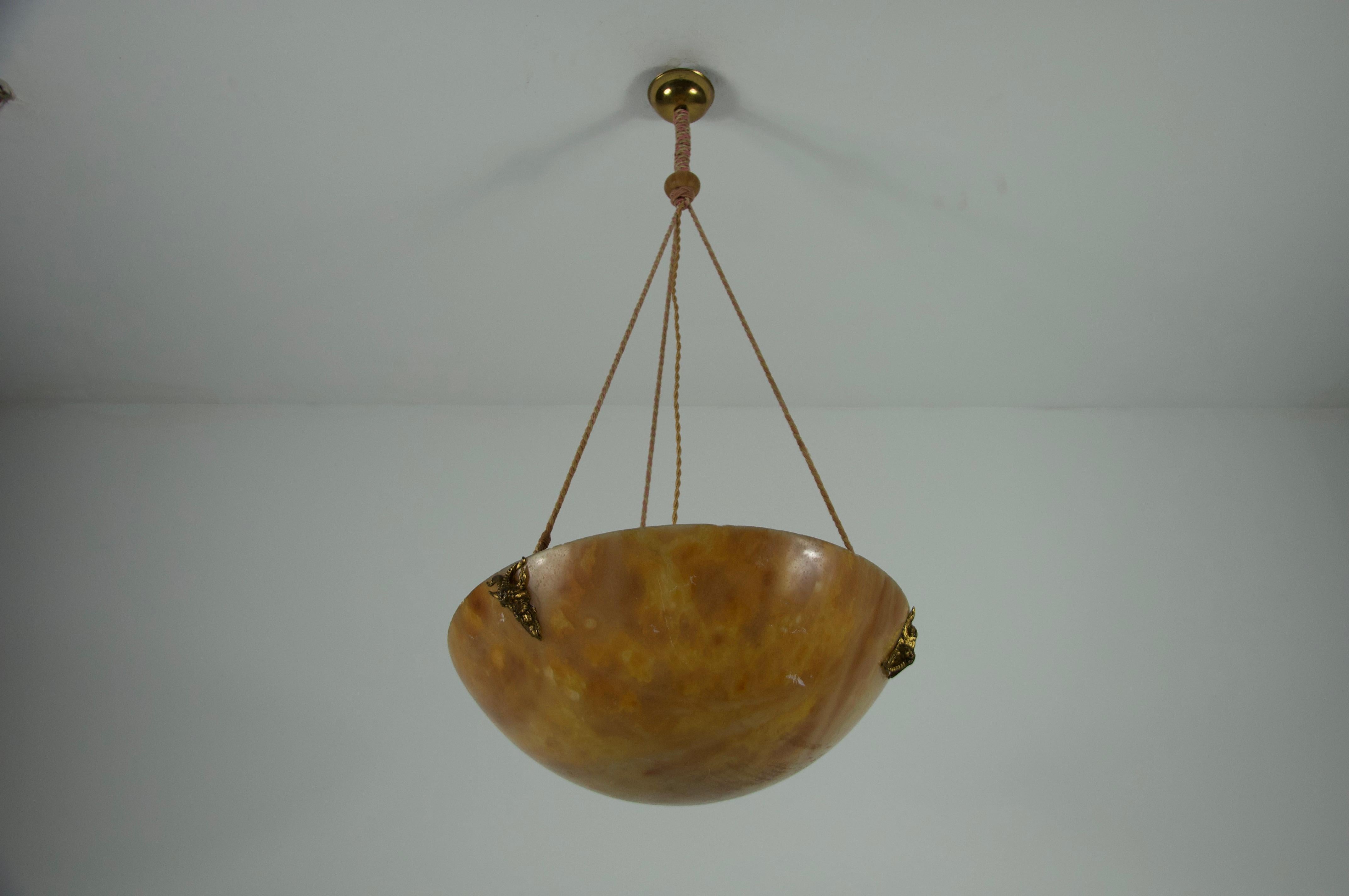 Large and Heavy Hand Carved Alabaster Ceiling Lamp, 1930s, Germany In Good Condition For Sale In Hagenbach, DE