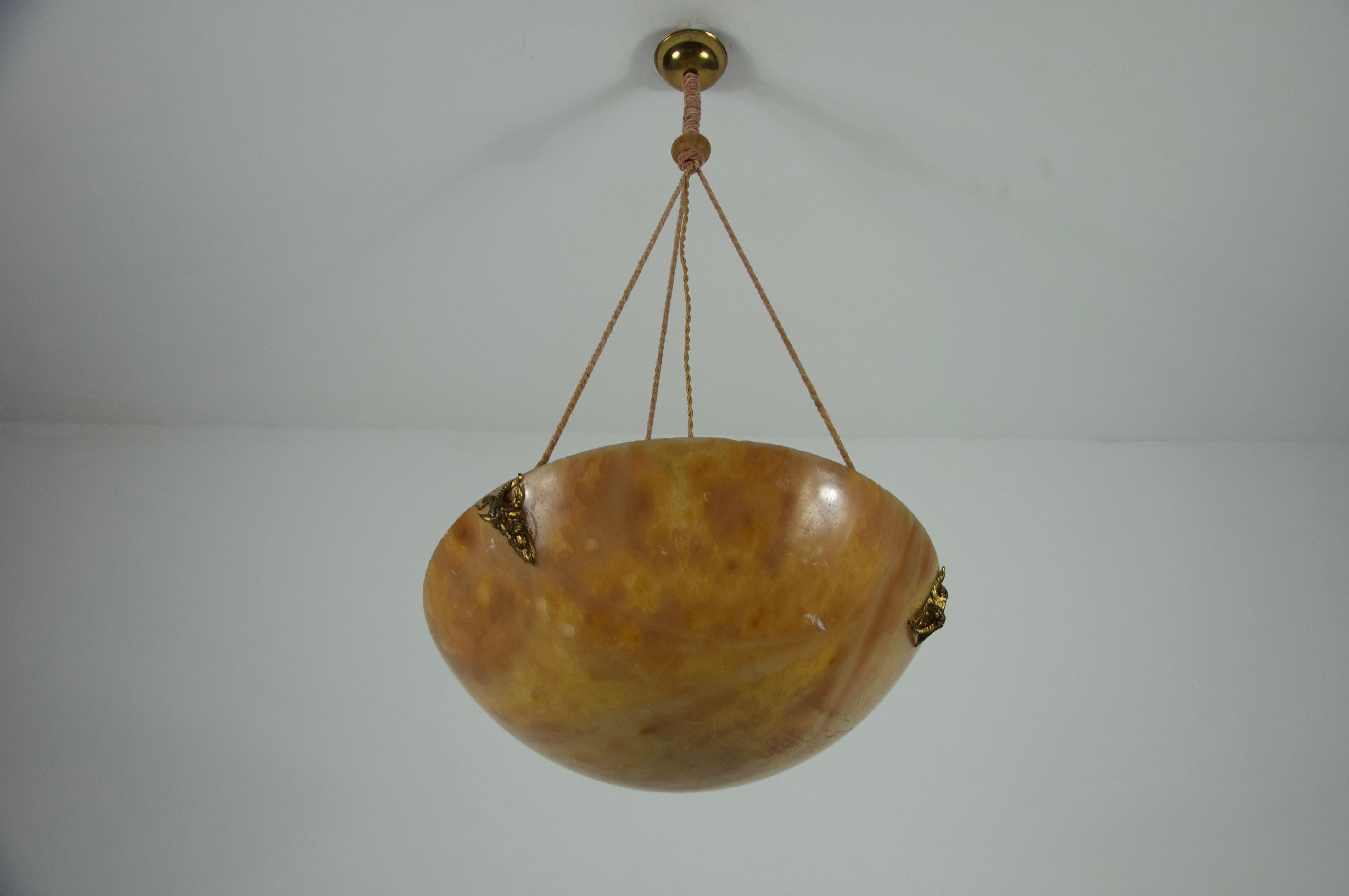 Cord Large and Heavy Hand Carved Alabaster Ceiling Lamp, 1930s, Germany For Sale