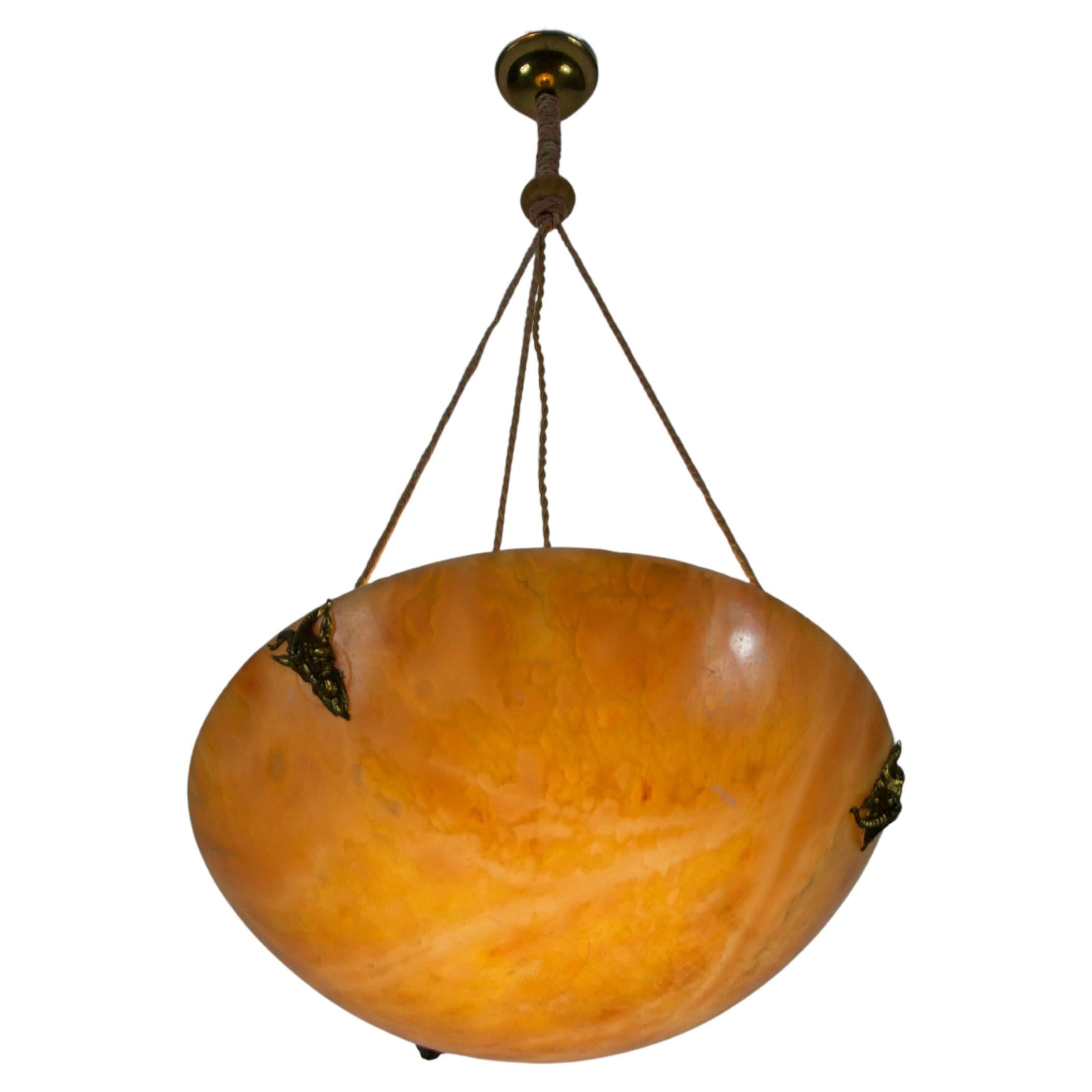 Large and Heavy Hand Carved Alabaster Ceiling Lamp, 1930s, Germany For Sale