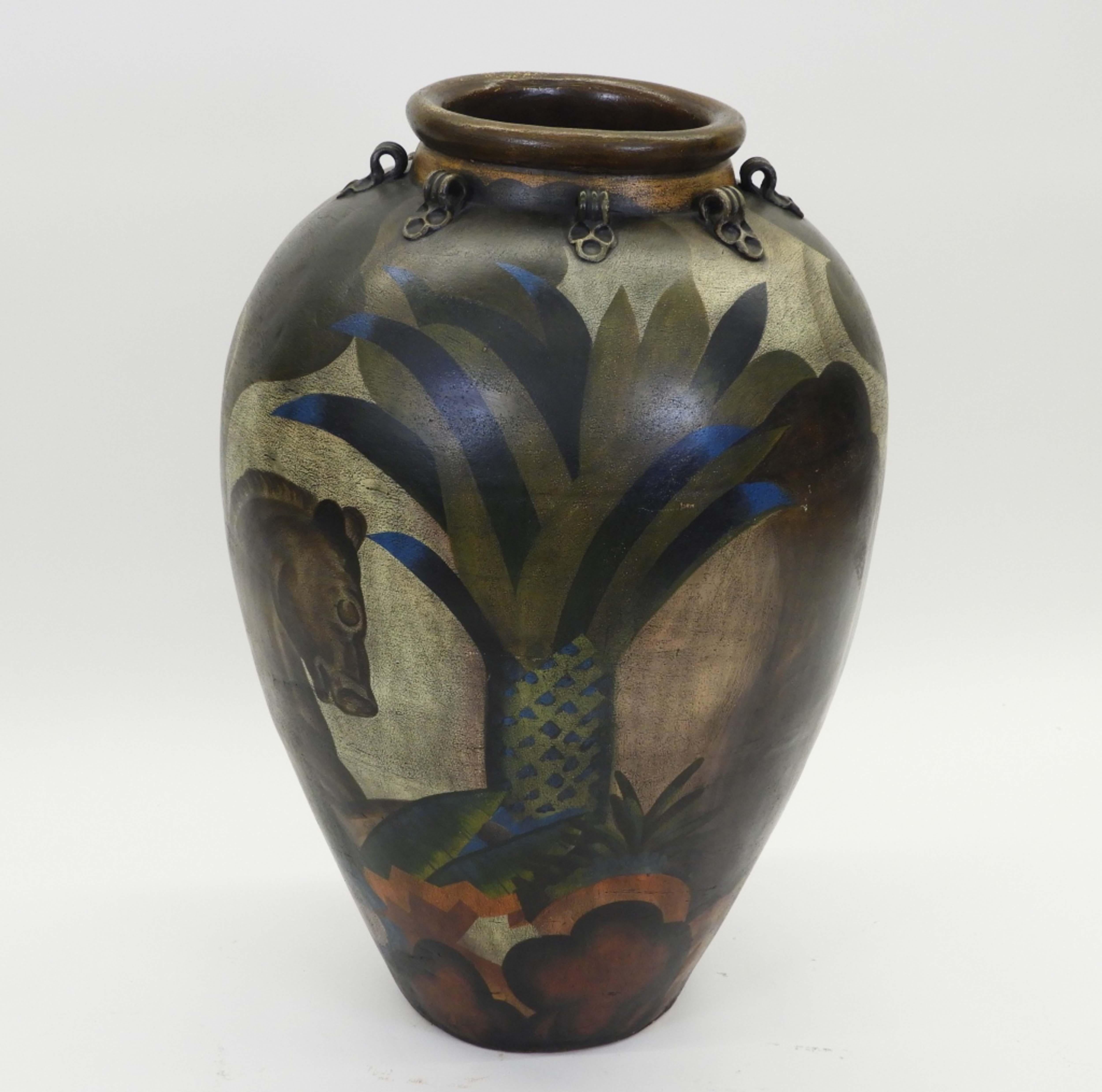 Large and Heavy Massive Floor Vase of Modern Art Pottery in Art Deco Style In Good Condition For Sale In Norton, MA