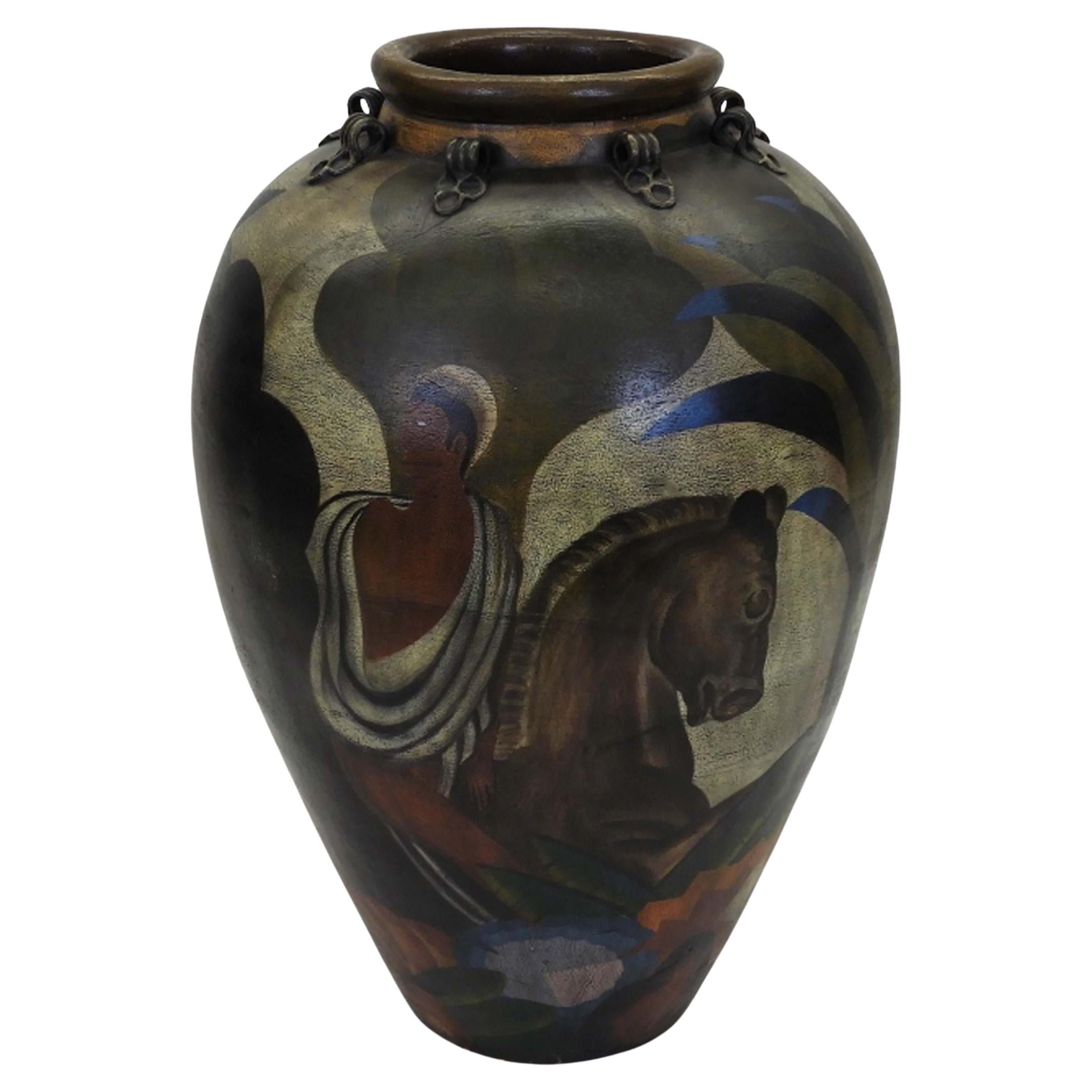 Grand et lourd vase de sol massif en poterie d'art moderne de style Art déco en vente