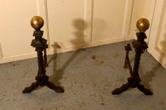 Large and Heavy Pair of French 19th Century Brass and Iron Andirons or Fire Dogs
