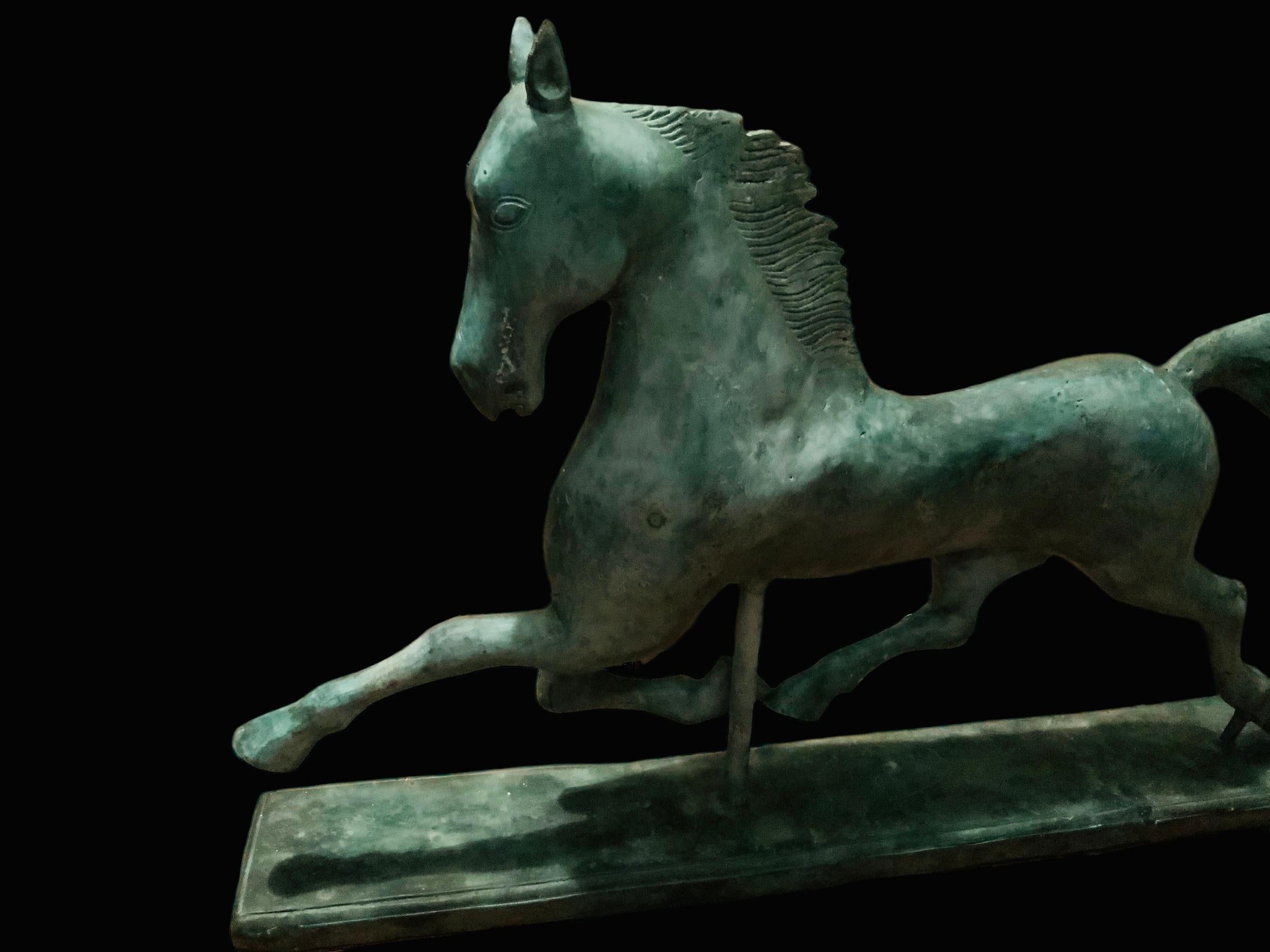 Large and Heavy Patinated Metal Sculpture of Galloping Horse For Sale 1
