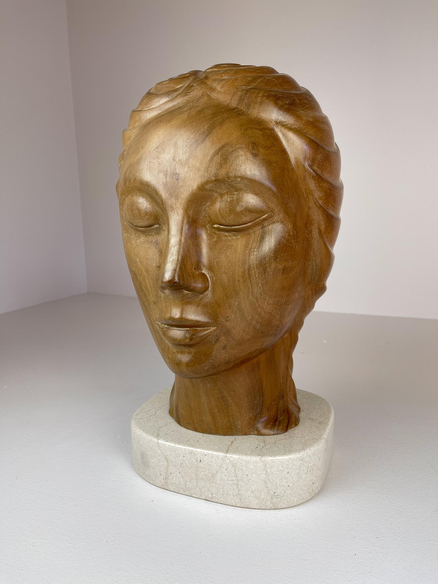 Arts and Crafts Large and Heavy Sculpture of a Female Face in Mahogany