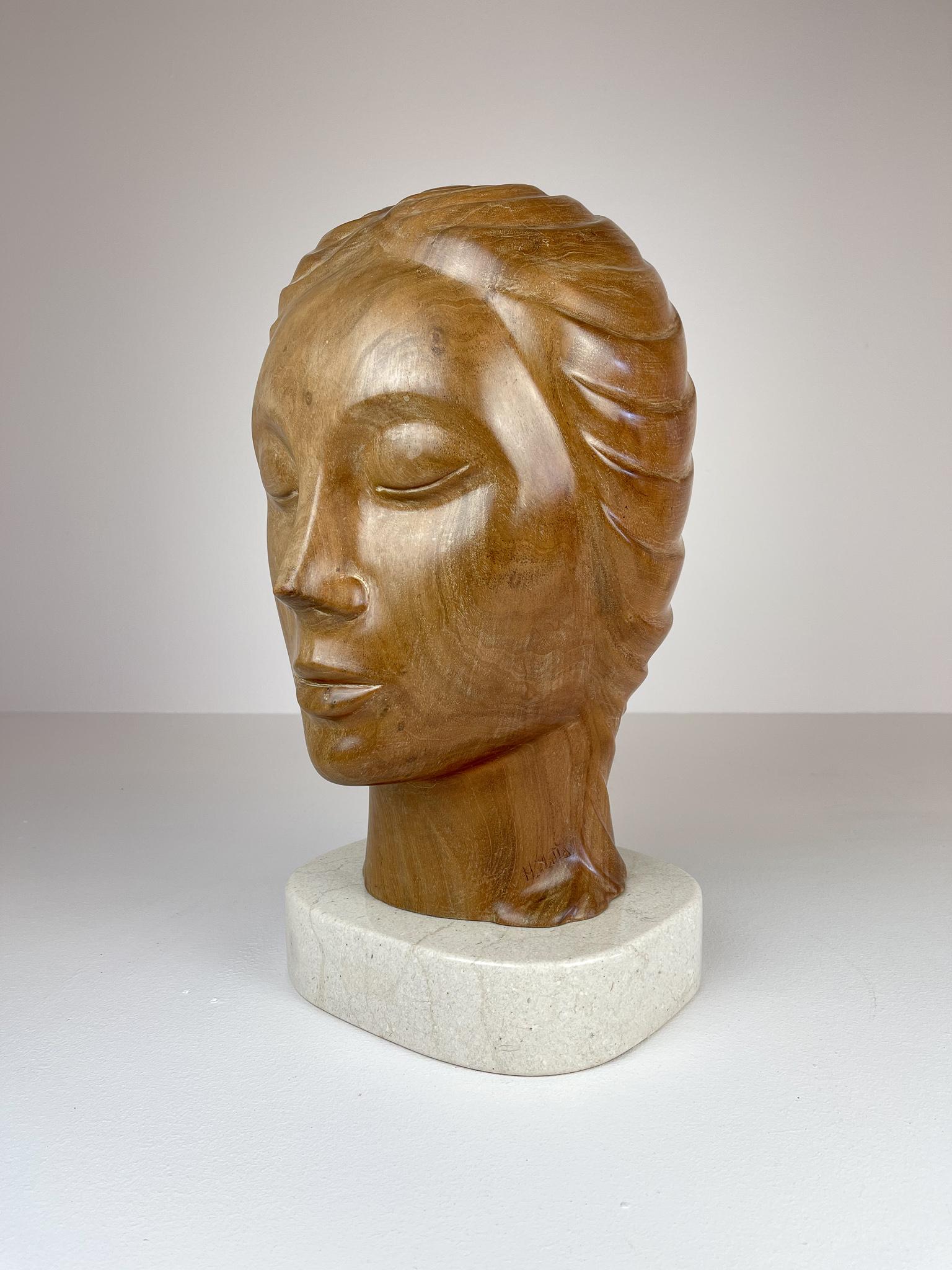 Dominican Large and Heavy Sculpture of a Female Face in Mahogany