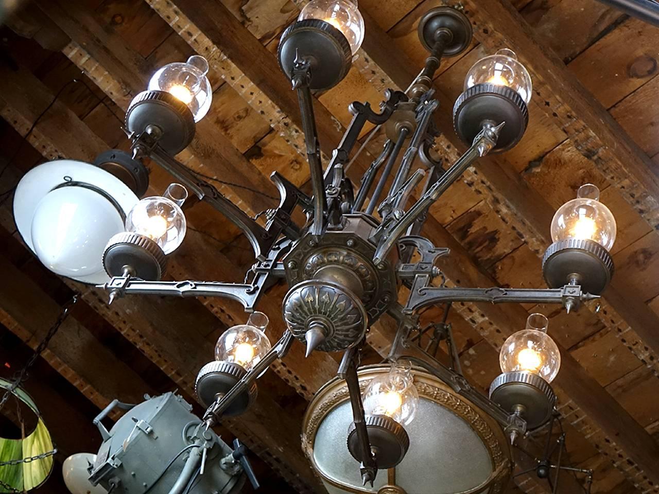 Eastlake Large and Important 1870s Cast Iron Eight-Arm Oil Chandelier