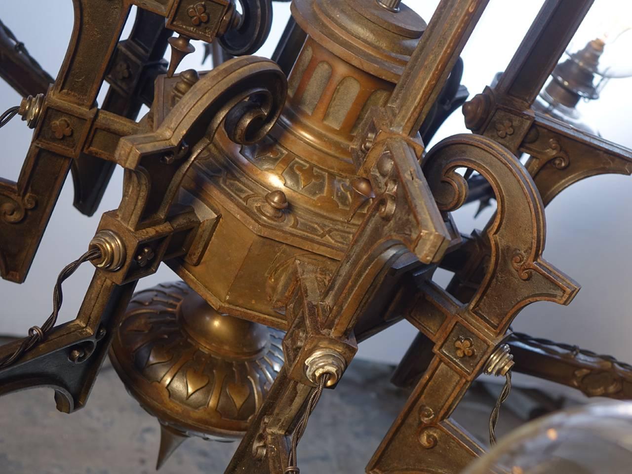 American Large and Important 1870s Cast Iron Eight-Arm Oil Chandelier