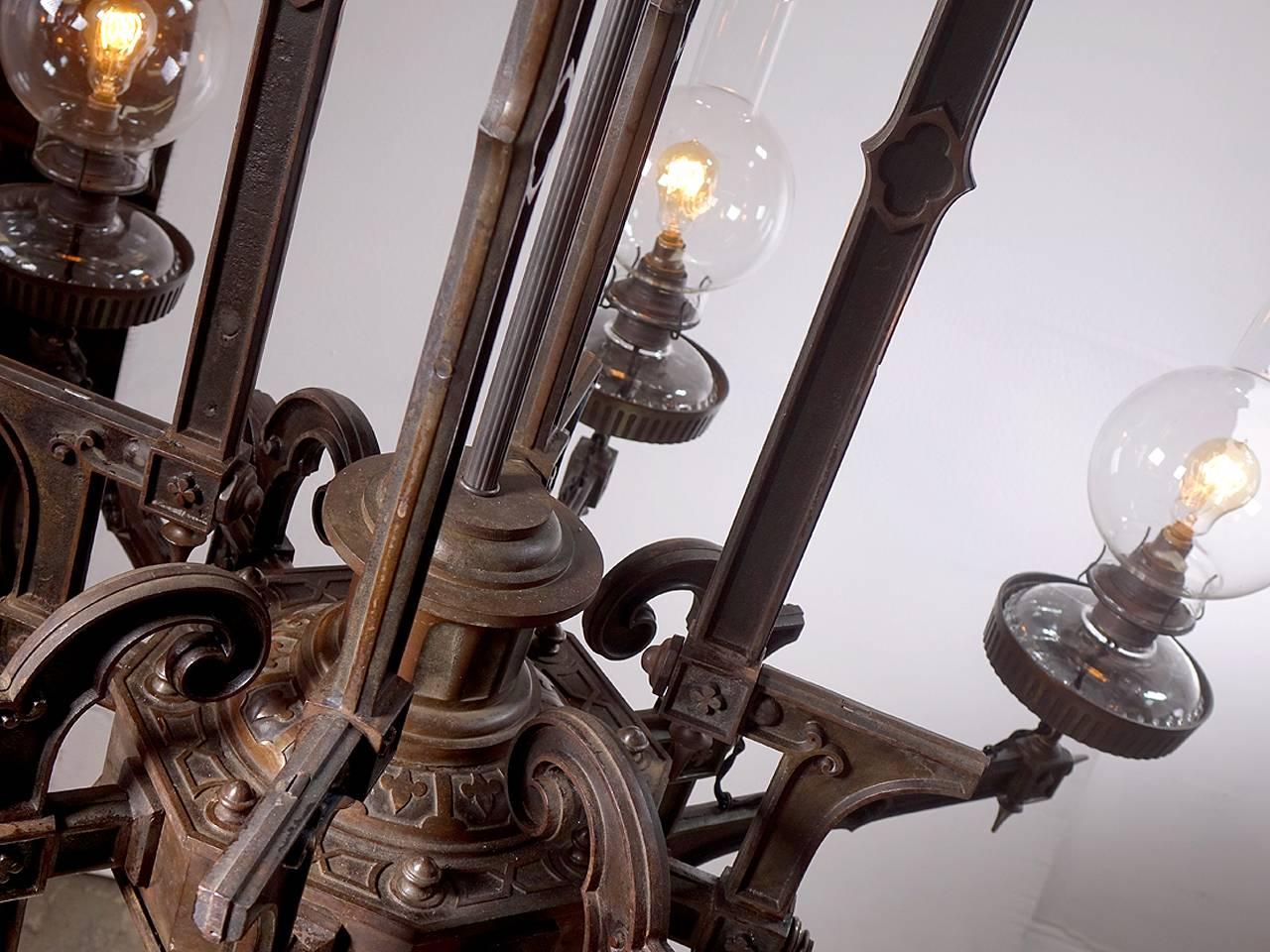 19th Century Large and Important 1870s Cast Iron Eight-Arm Oil Chandelier