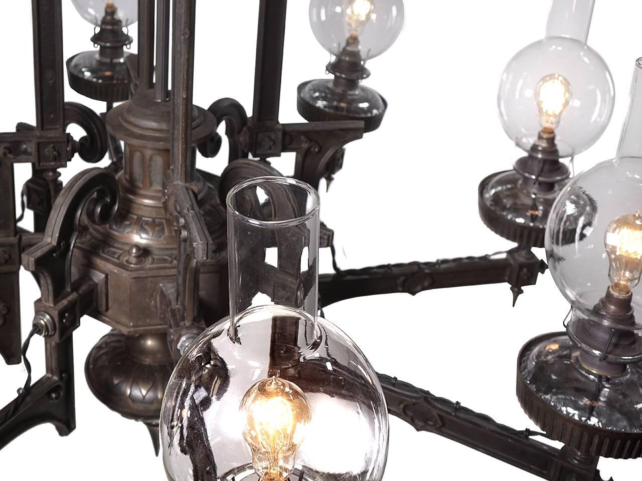Large and Important 1870s Cast Iron Eight-Arm Oil Chandelier 2