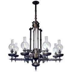 Large and Important 1870s Cast Iron Eight-Arm Oil Chandelier