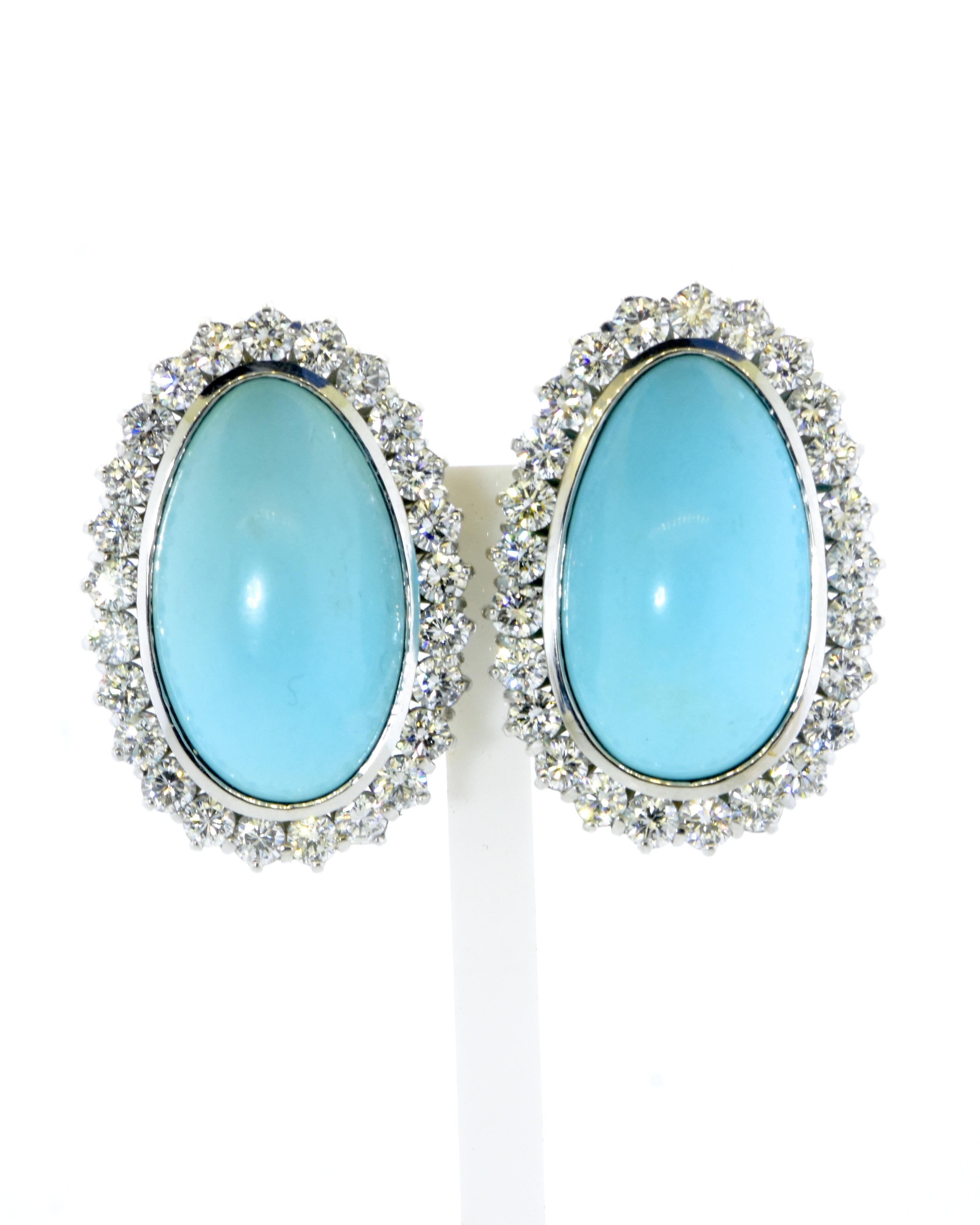 Cabochon Large and Important Fine Turquoise & Diamond, 18K White Gold Earrings, c. 1990 For Sale