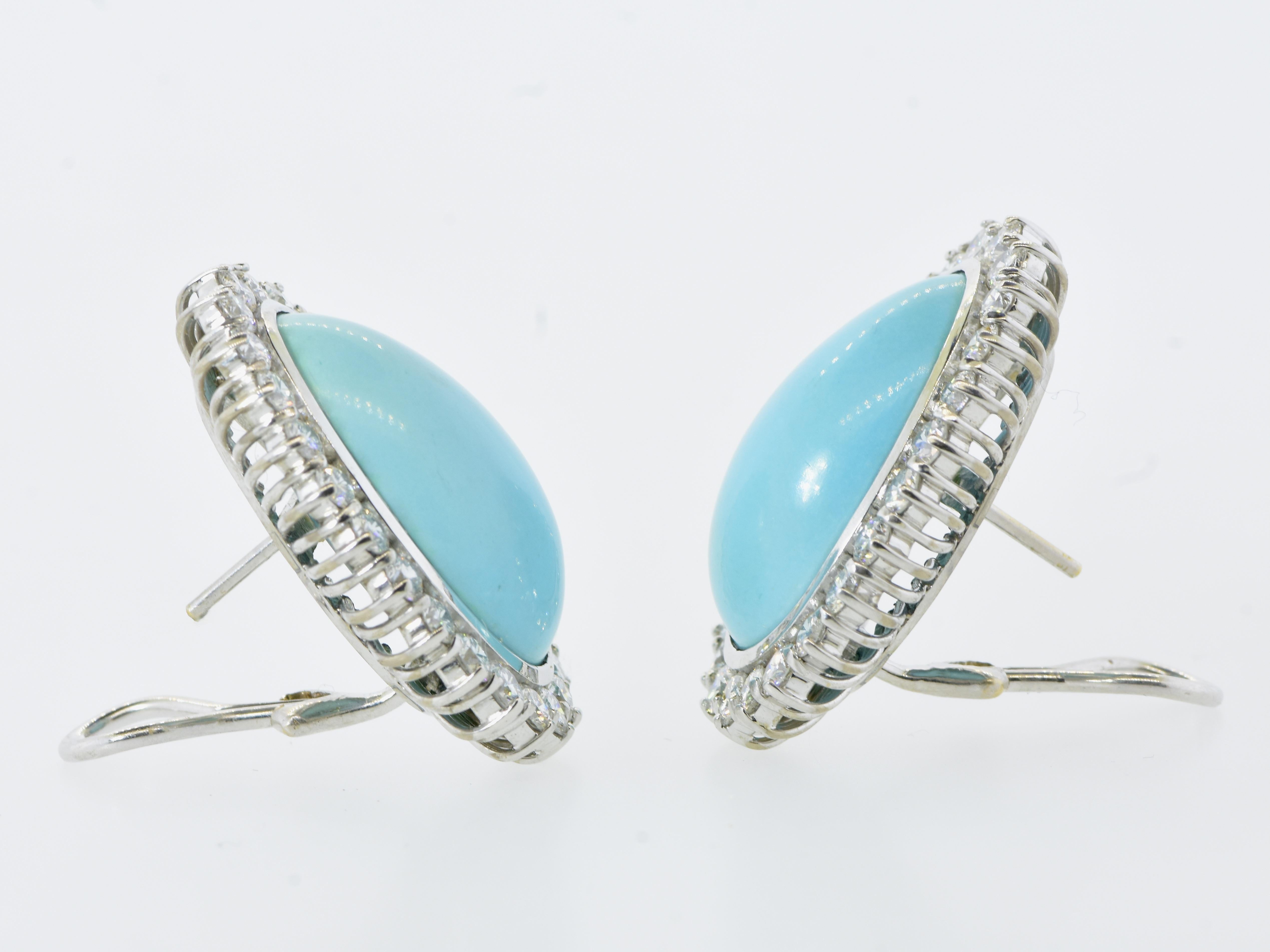 Women's or Men's Large and Important Fine Turquoise & Diamond, 18K White Gold Earrings, c. 1990 For Sale