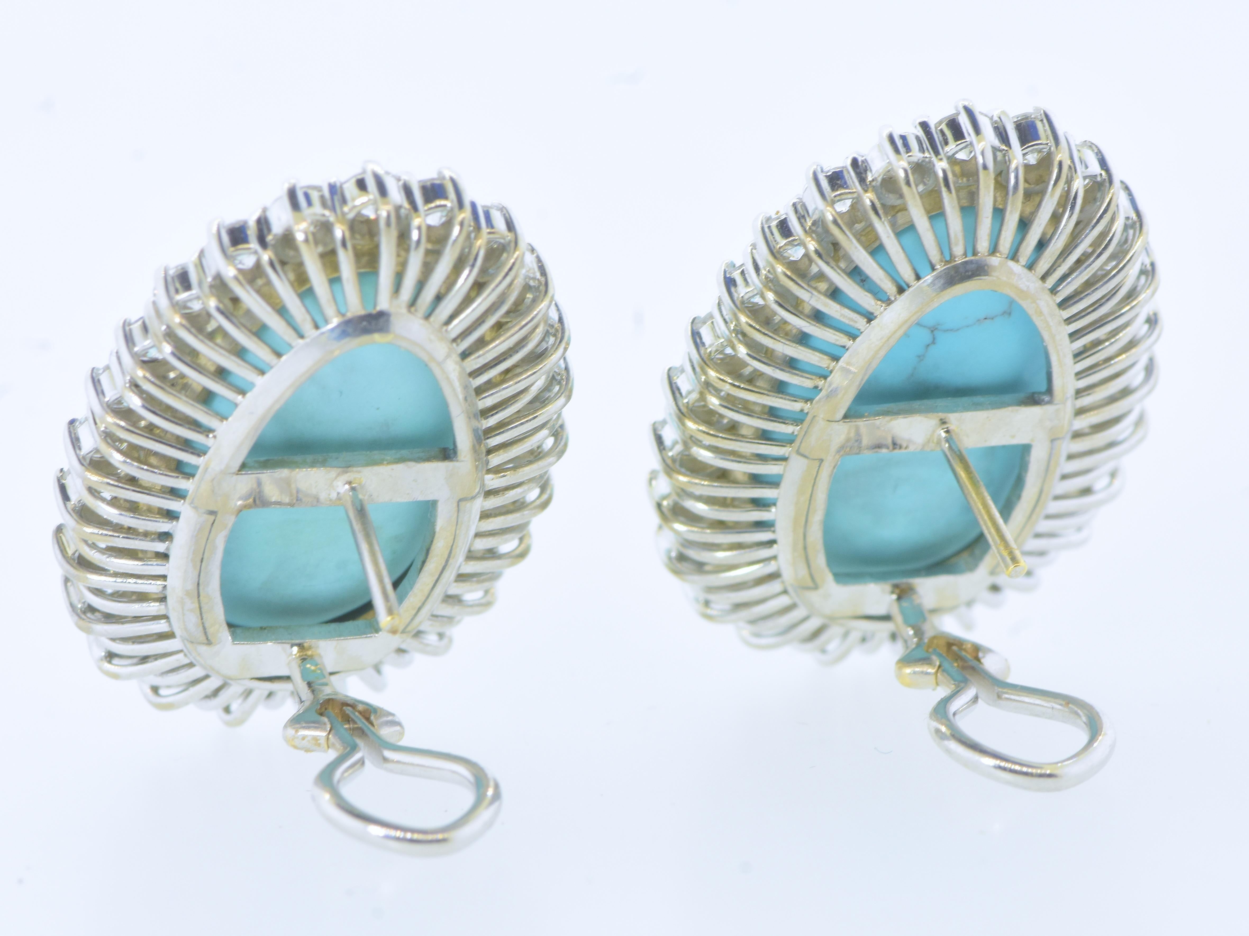 Large and Important Fine Turquoise & Diamond, 18K White Gold Earrings, c. 1990 For Sale 1
