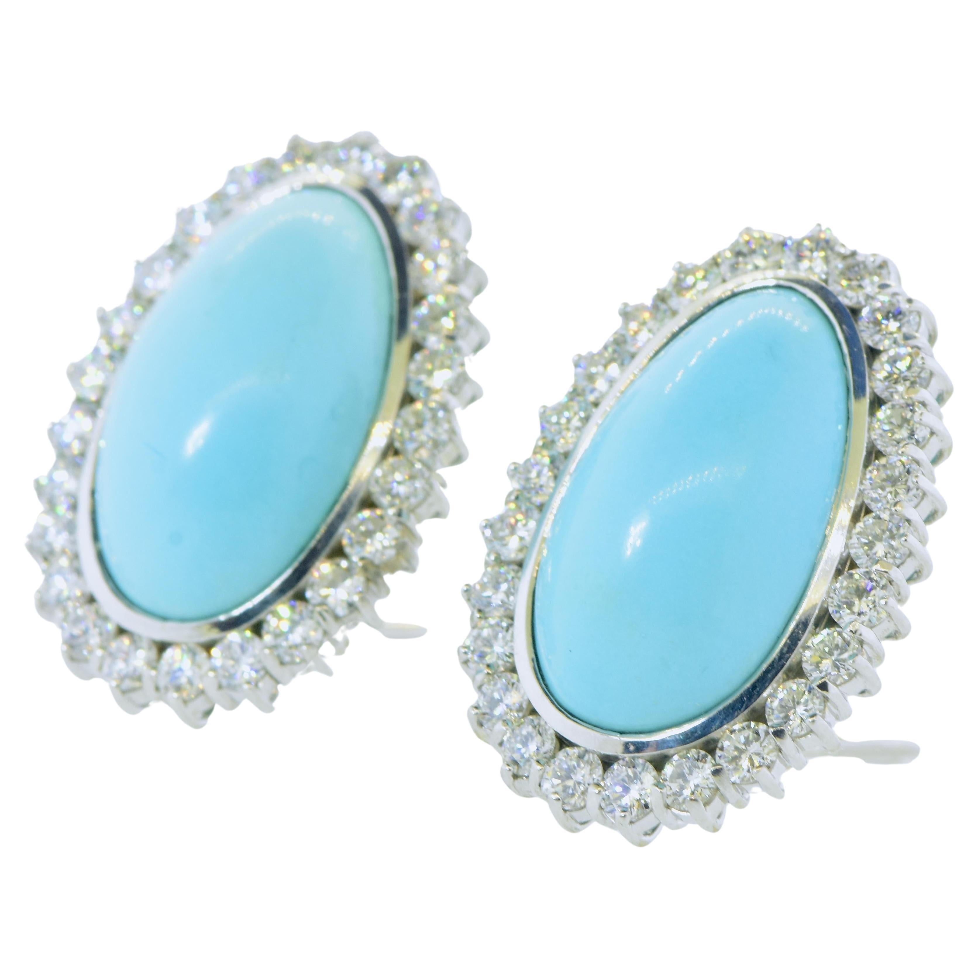 Large and Important Fine Turquoise & Diamond, 18K White Gold Earrings, c. 1990 For Sale