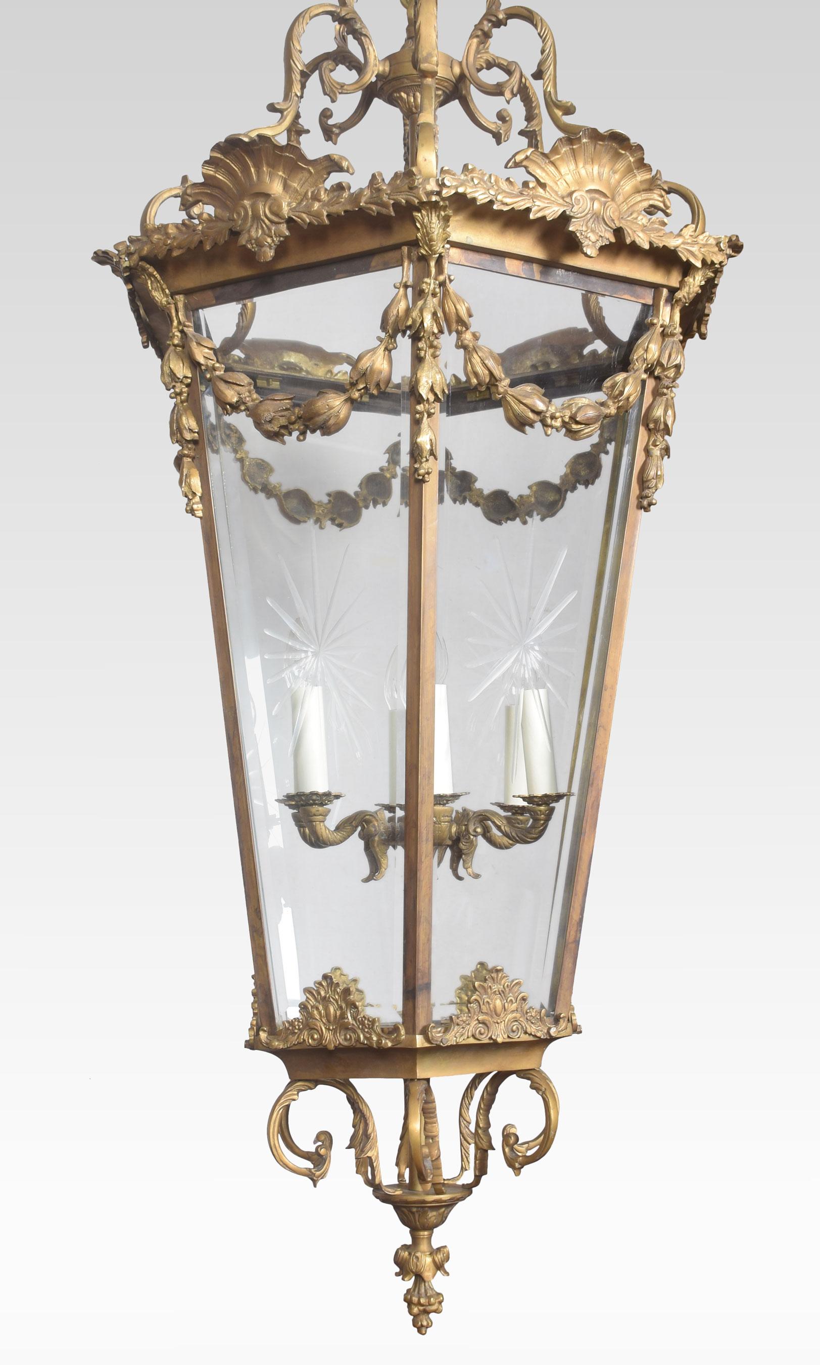 19th Century Large and Imposing Gilded Cast Brass Six Light Lantern