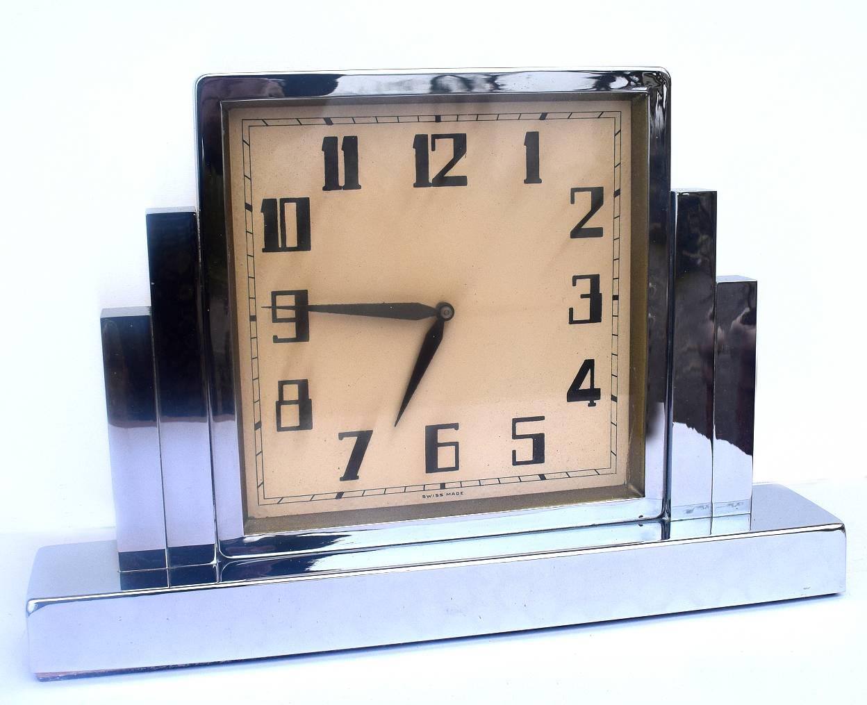 Swiss Large and Impressive 1930s Art Deco Nickel-Plated Mantle Clock