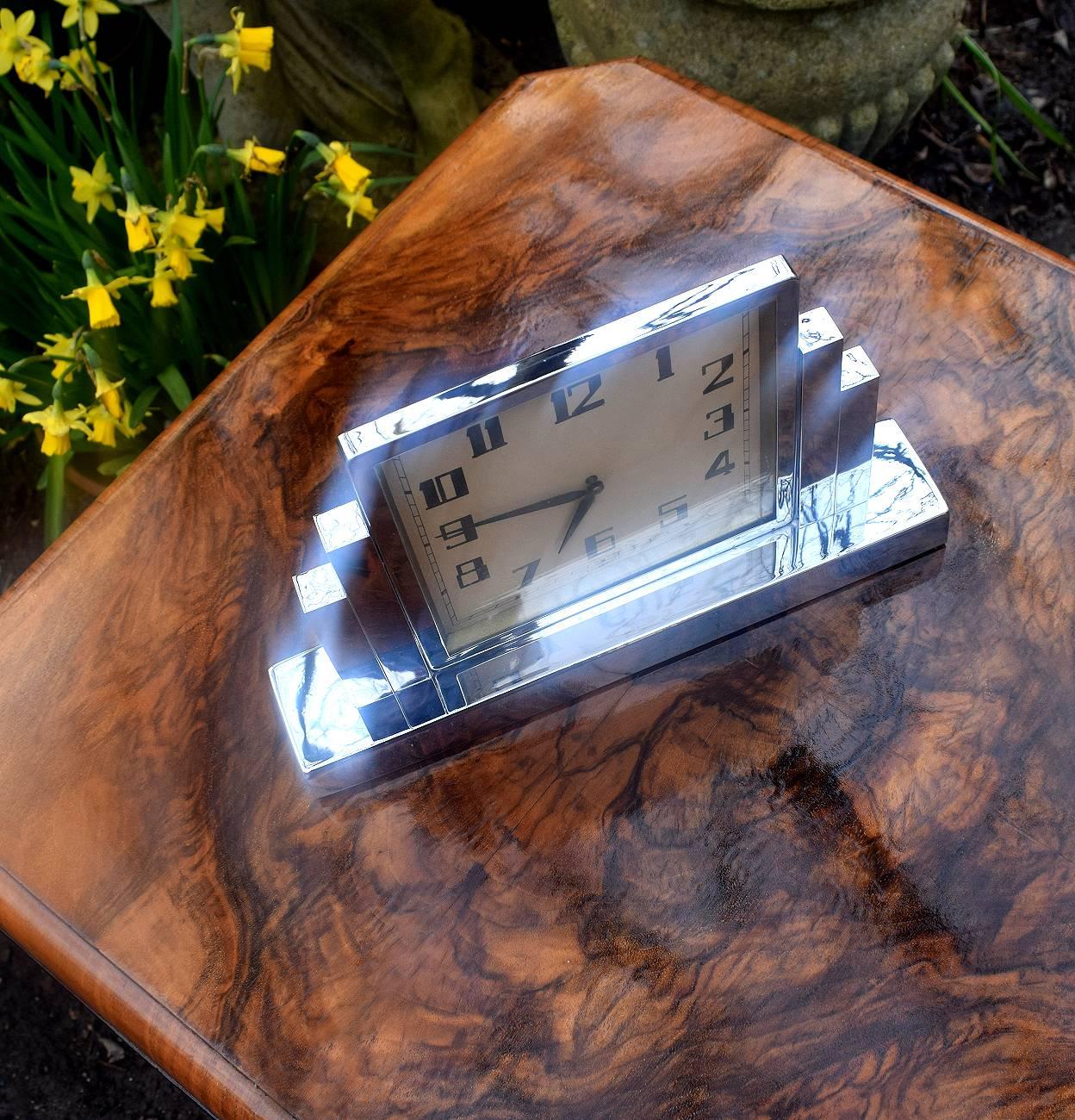 Large and Impressive 1930s Art Deco Nickel-Plated Mantle Clock 1