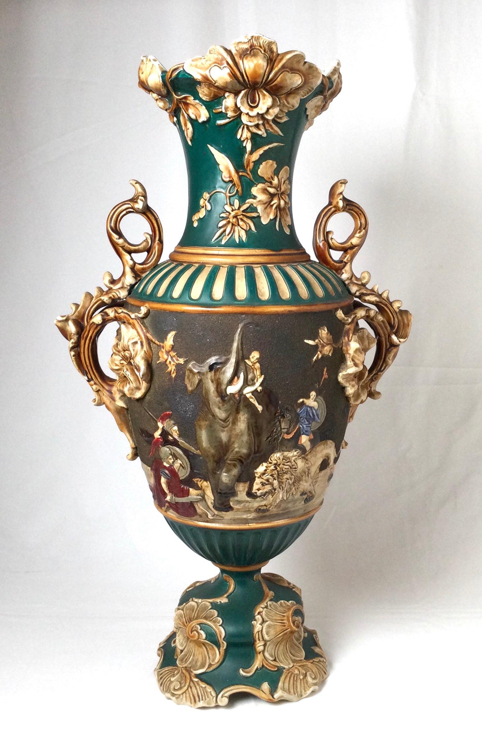Victorian Large and Impressive Bohemian Majolica Urn Form Vase, 1890 For Sale