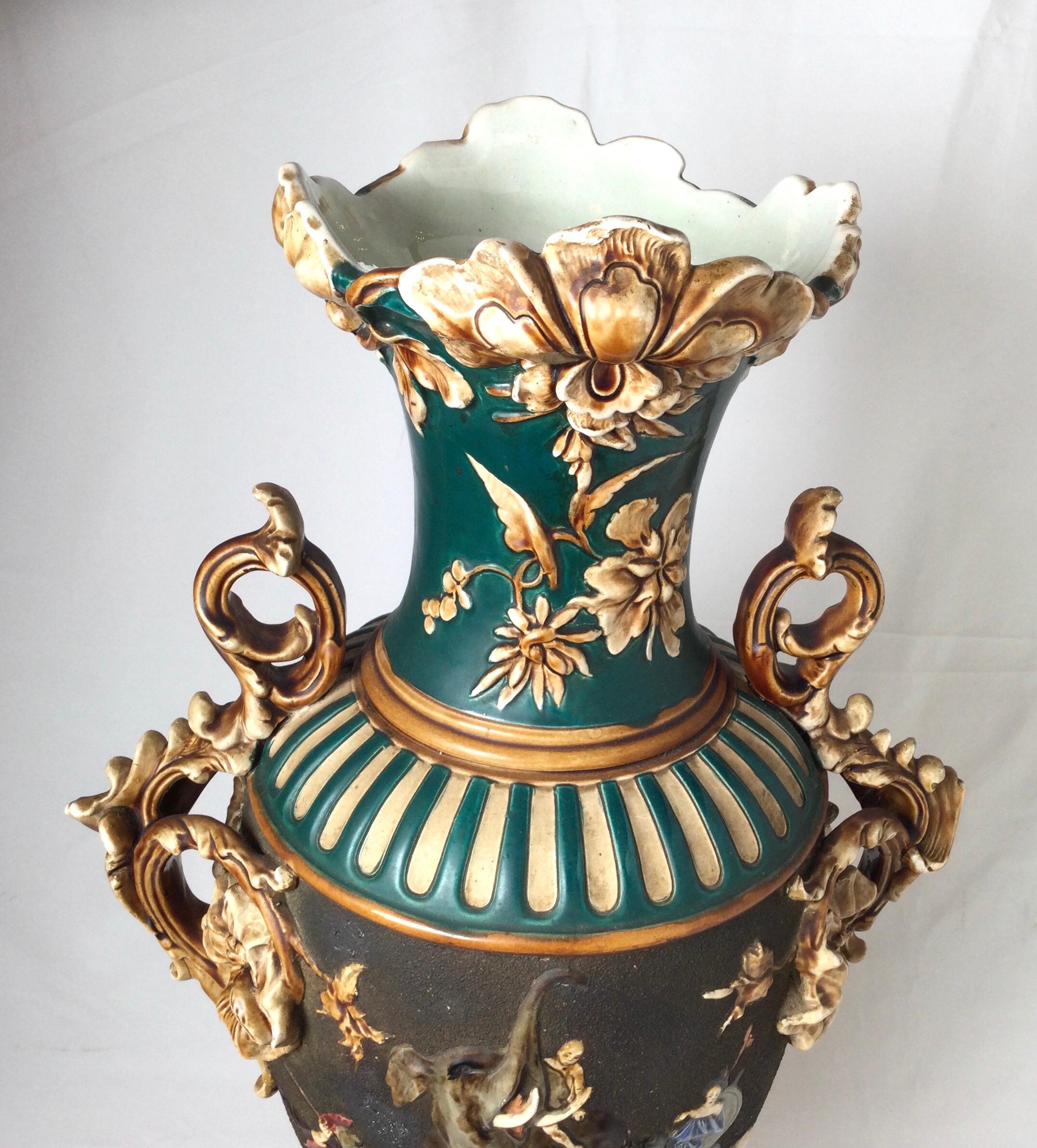 Czech Large and Impressive Bohemian Majolica Urn Form Vase, 1890 For Sale