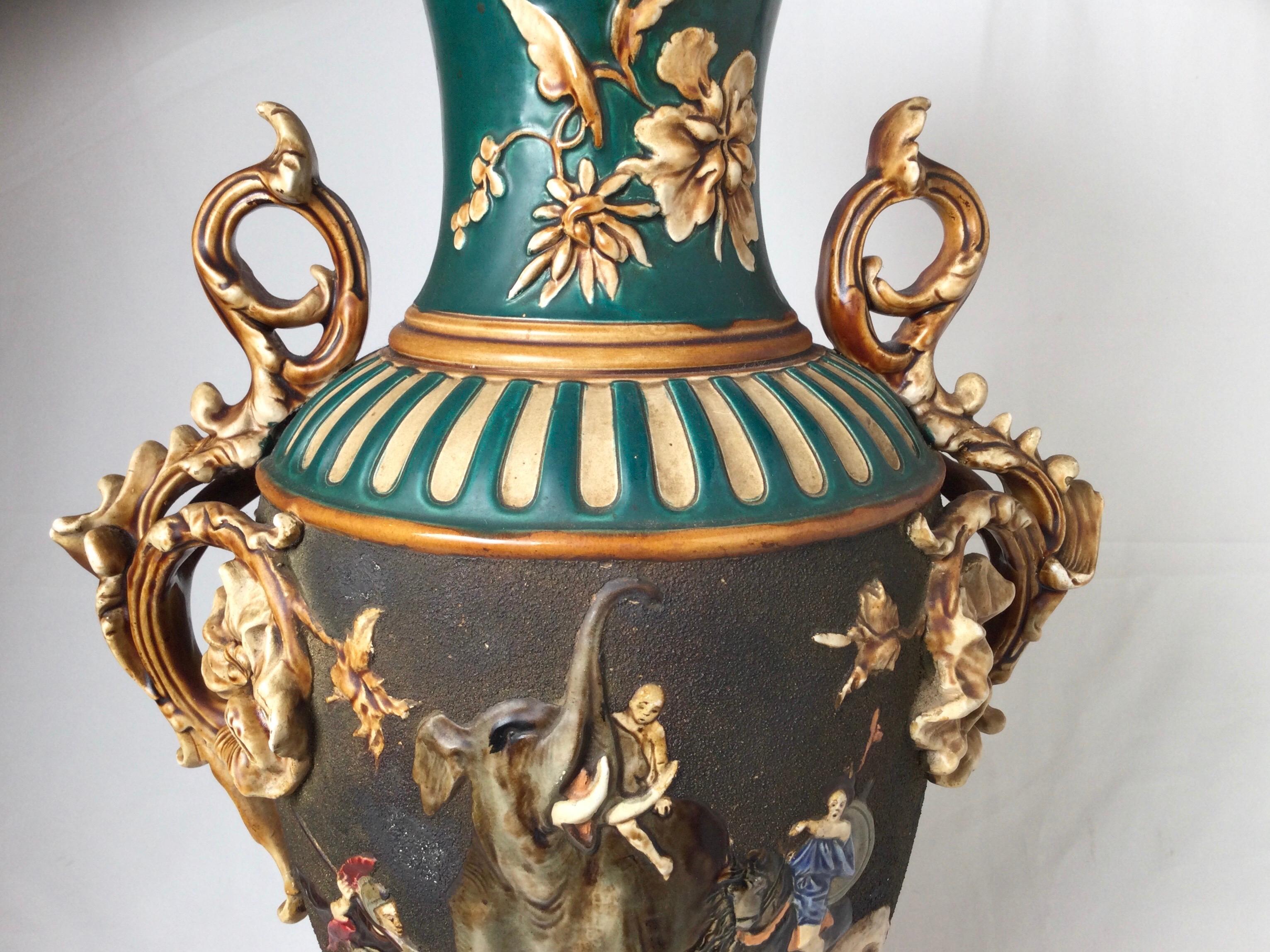 Large and Impressive Bohemian Majolica Urn Form Vase, 1890 In Excellent Condition For Sale In Lambertville, NJ