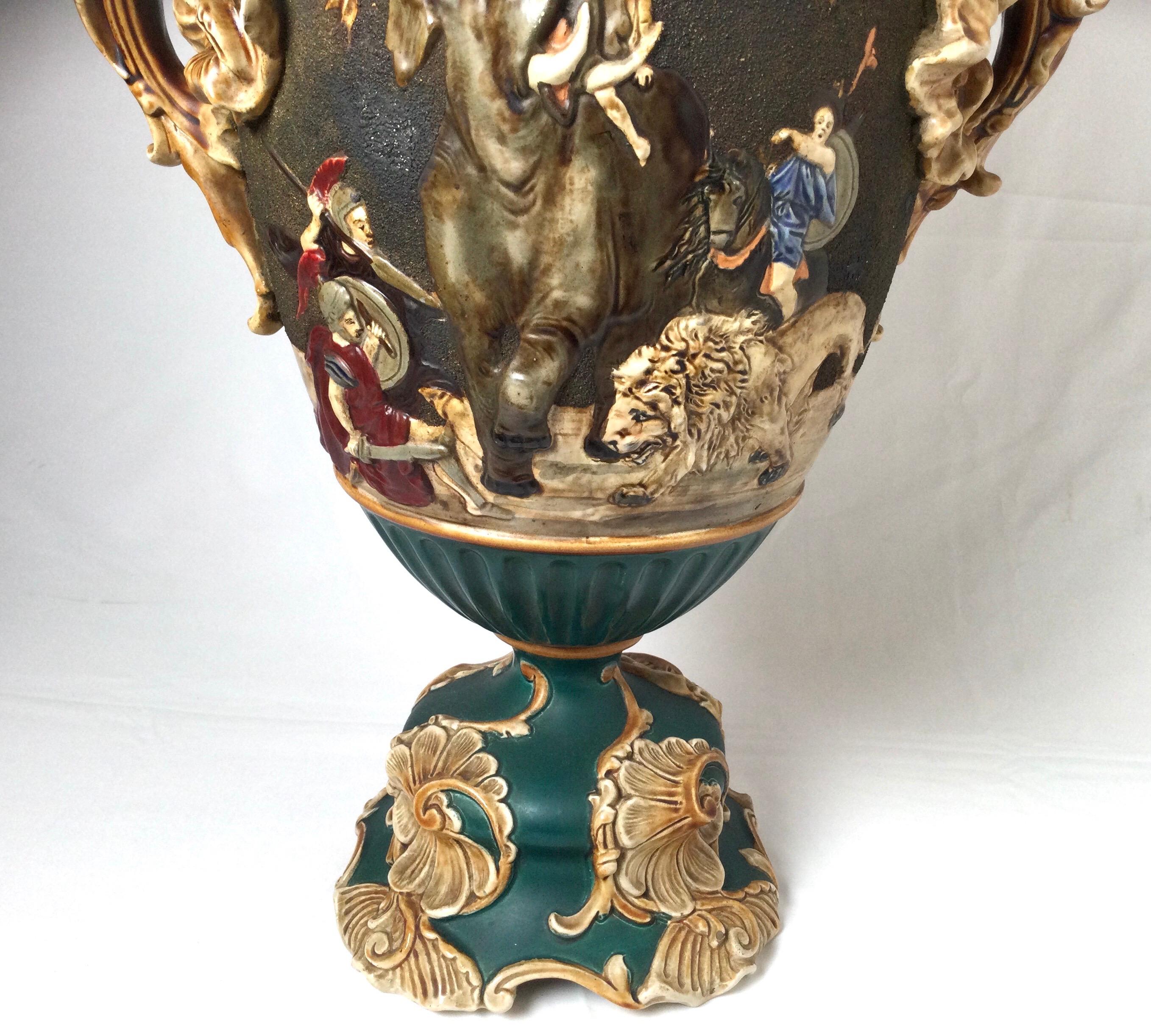 Late 19th Century Large and Impressive Bohemian Majolica Urn Form Vase, 1890 For Sale