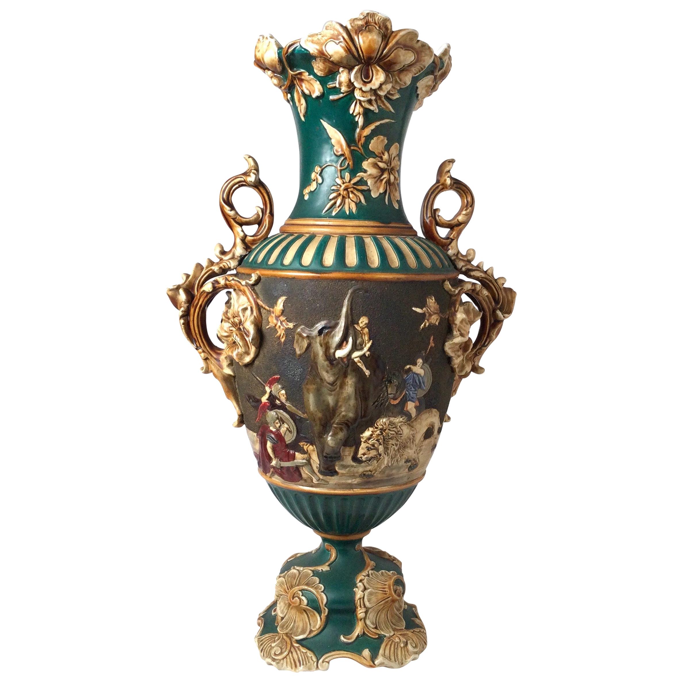 Large and Impressive Bohemian Majolica Urn Form Vase, 1890 For Sale