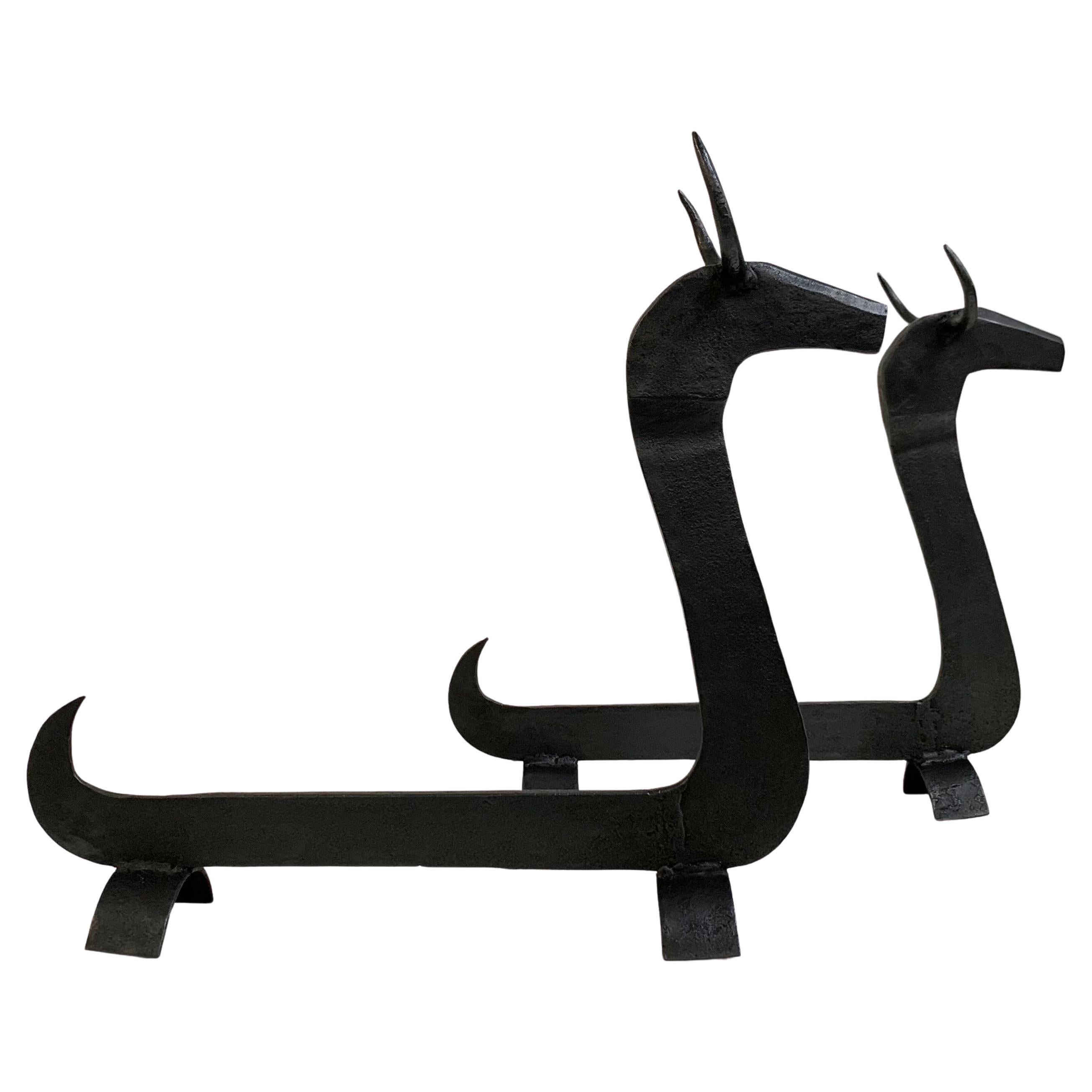 Large and Impressive Bull Wrought Iron Andirons, circa 1950, France.