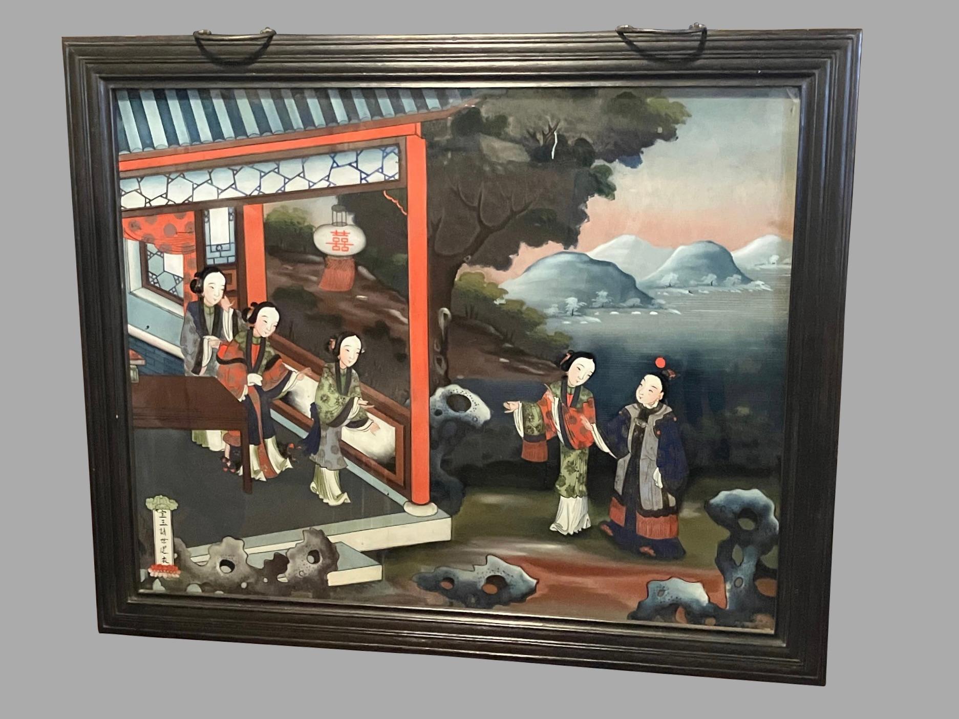 A large and impressive Chinese reverse painting on glass depicting a group of traditionally garbed women in an exotic setting with mountains and foliage in the background. The subjects are a group of women in a dreamlike interior and exterior