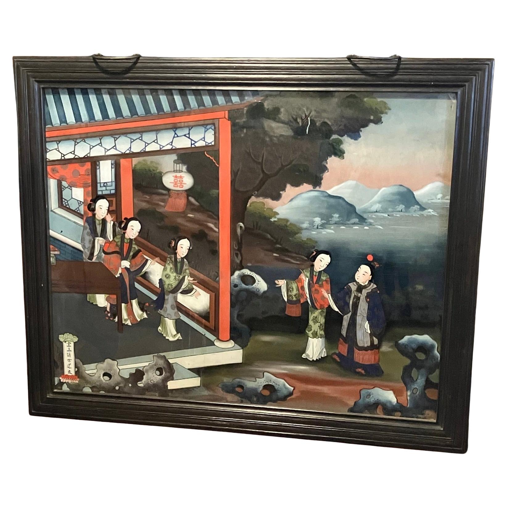 Large and Impressive  Chinese Export Reverse Painting of Women in Exotic Setting In Good Condition For Sale In San Francisco, CA