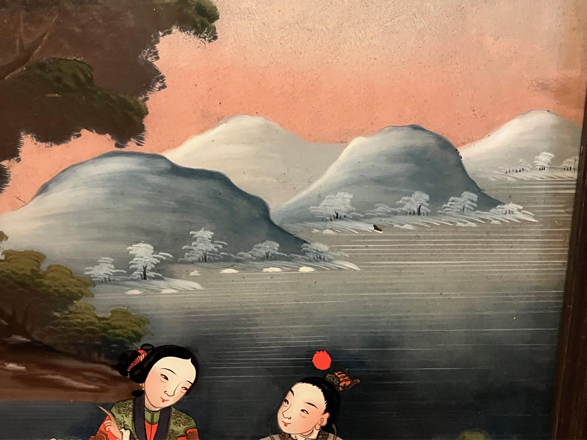 Glass Large and Impressive  Chinese Export Reverse Painting of Women in Exotic Setting For Sale