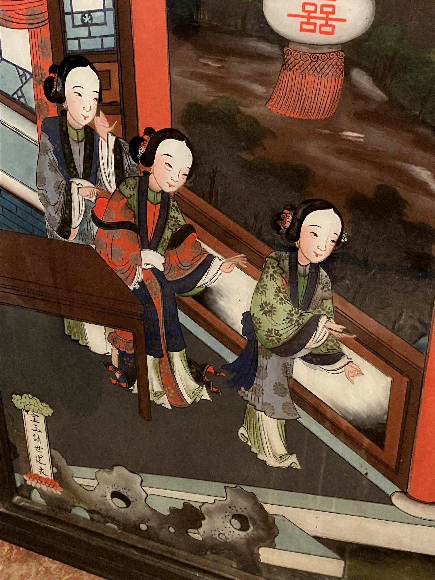 Large and Impressive  Chinese Export Reverse Painting of Women in Exotic Setting For Sale 1