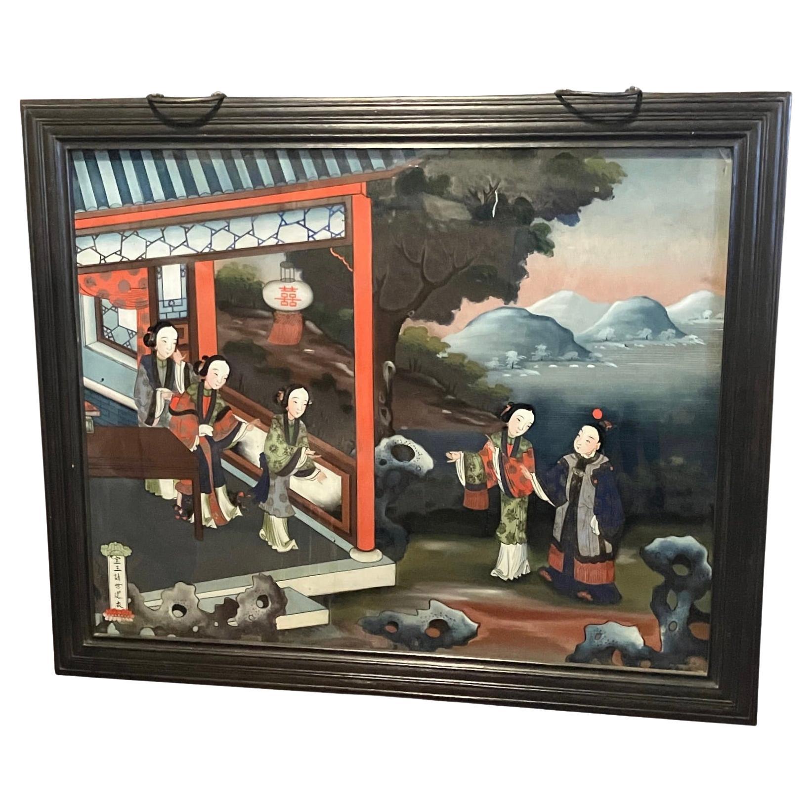 Large and Impressive  Chinese Export Reverse Painting of Women in Exotic Setting For Sale