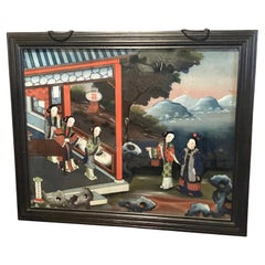 Grande e impresionante  Pintura china al dorso de exportación de mujeres en un entorno exótico