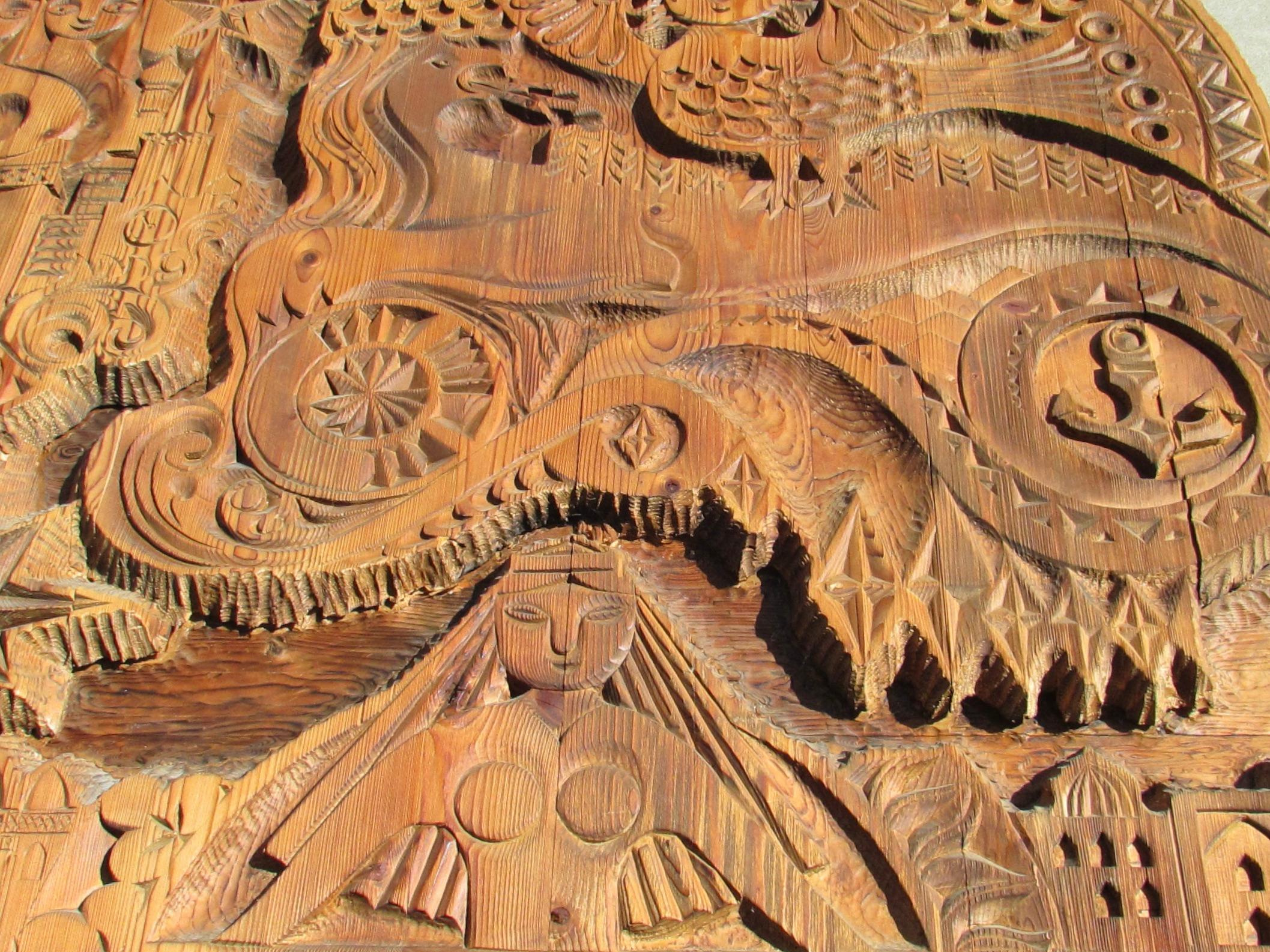 Large and Impressive Eastern European Folk Art Carved Panel Mermaid Siren Sun For Sale 3