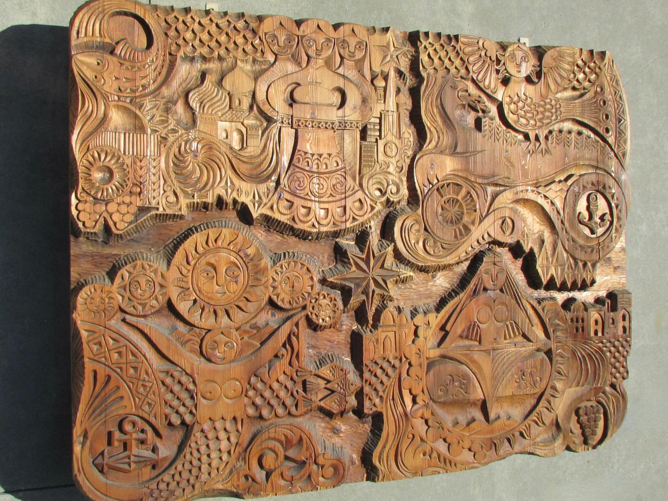 Large and Impressive Eastern European Folk Art Carved Panel Mermaid Siren Sun For Sale 5