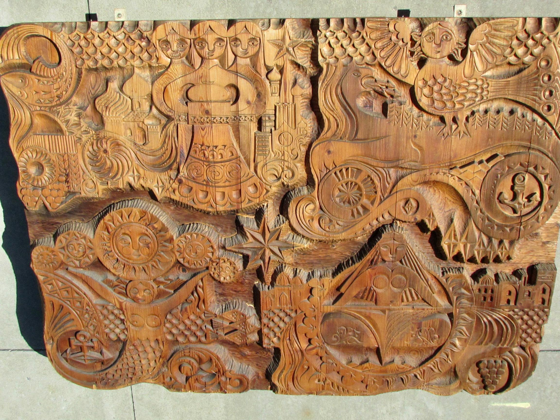 Large and Impressive Eastern European Folk Art Carved Panel Mermaid Siren Sun For Sale 11