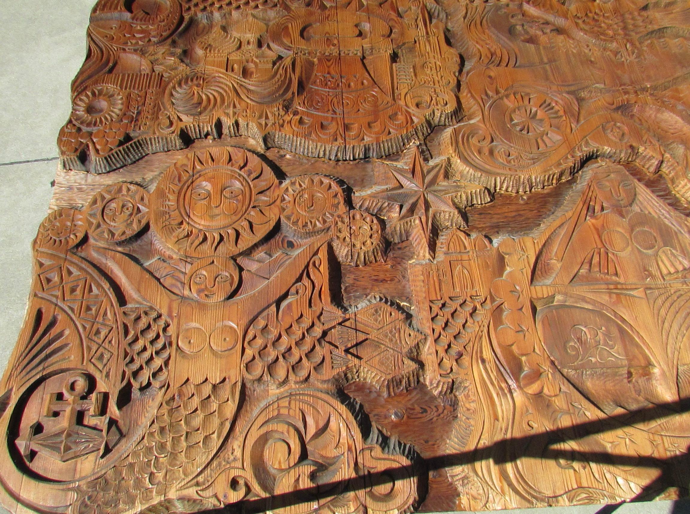 Ukrainian Large and Impressive Eastern European Folk Art Carved Panel Mermaid Siren Sun For Sale