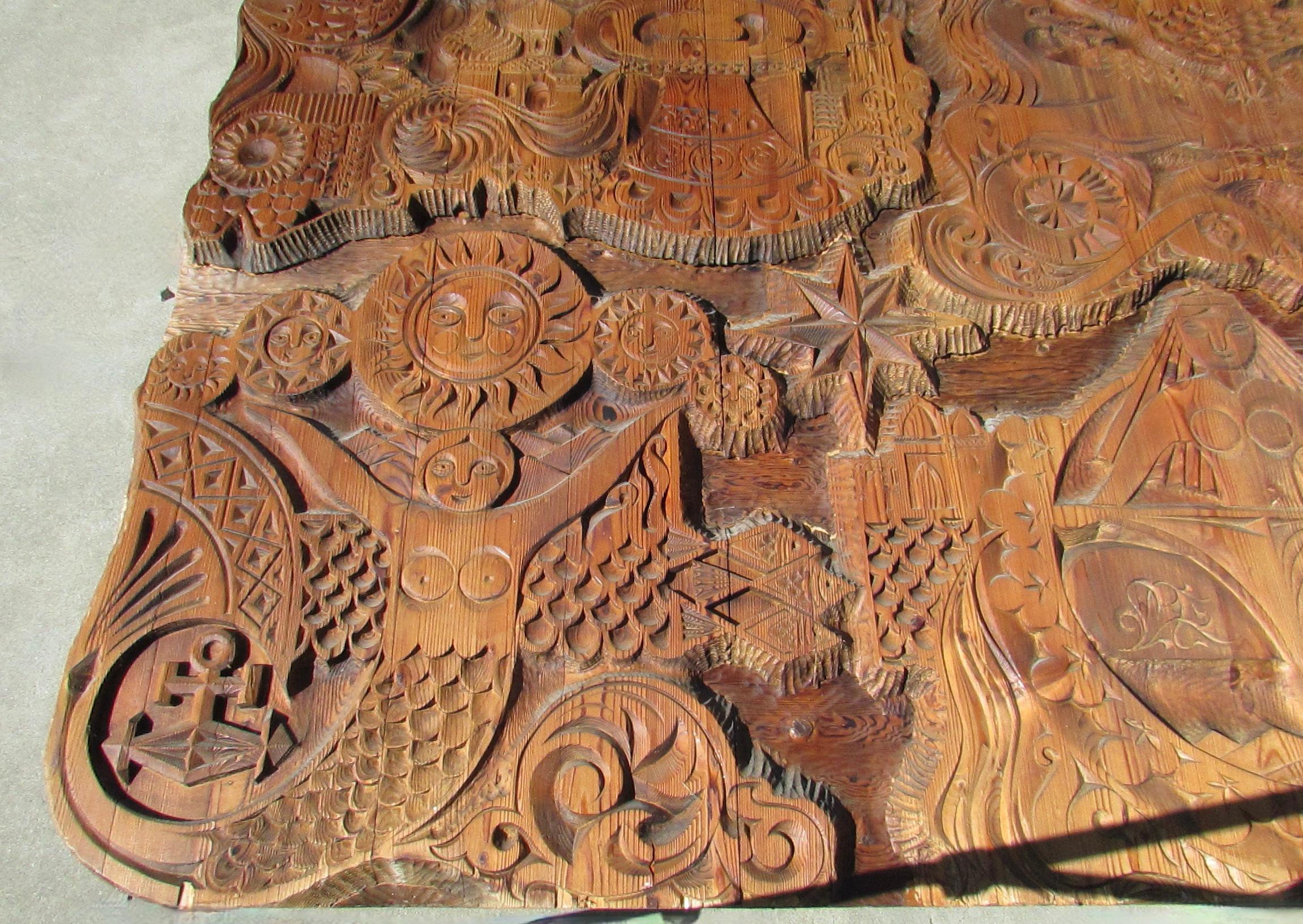 Hand-Carved Large and Impressive Eastern European Folk Art Carved Panel Mermaid Siren Sun For Sale