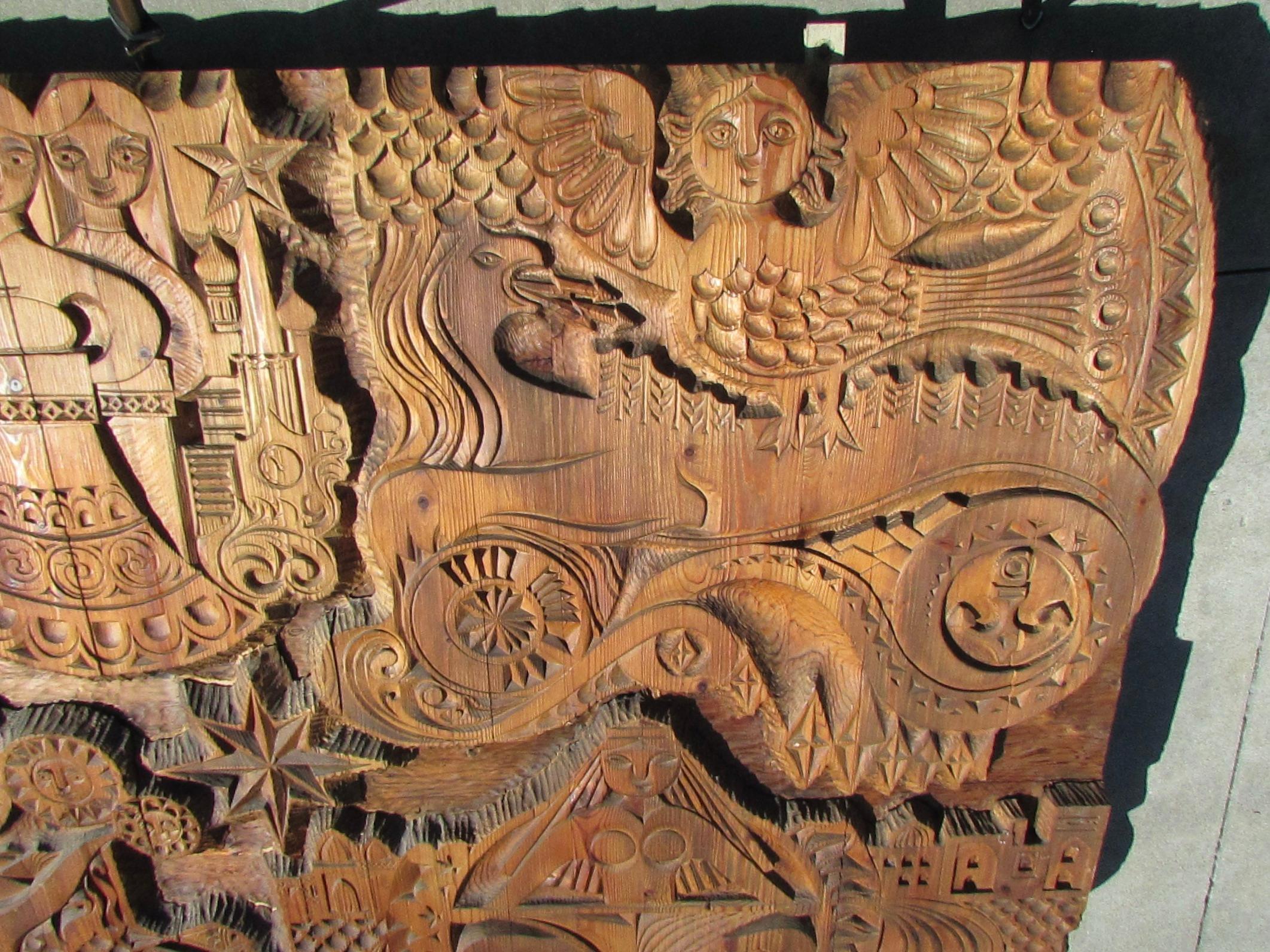20th Century Large and Impressive Eastern European Folk Art Carved Panel Mermaid Siren Sun For Sale